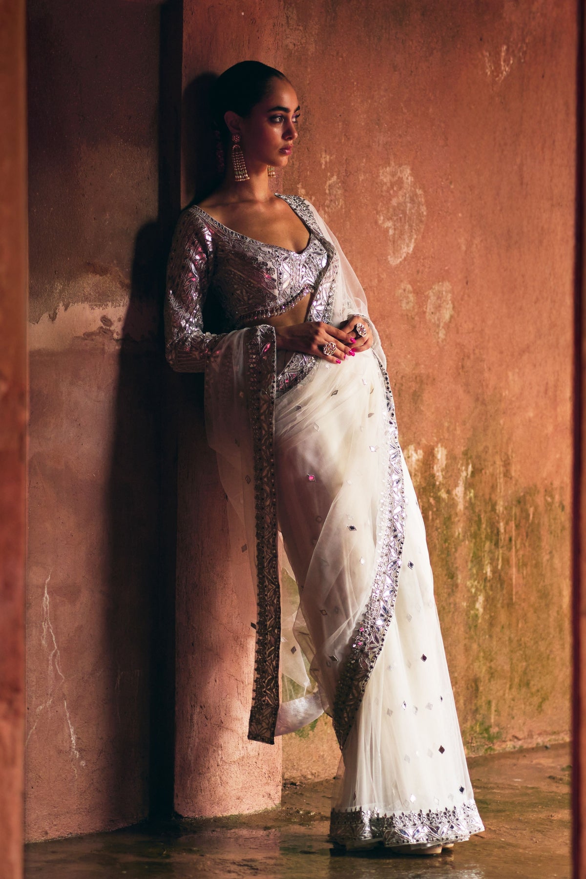 White Net Saree Set