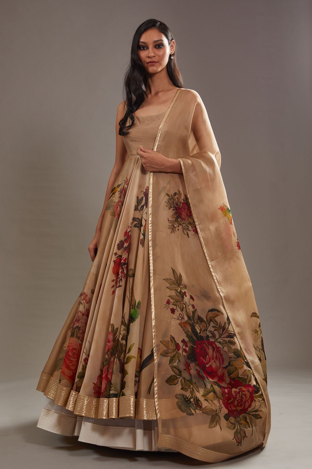 Printed Anarkali Set in Beige