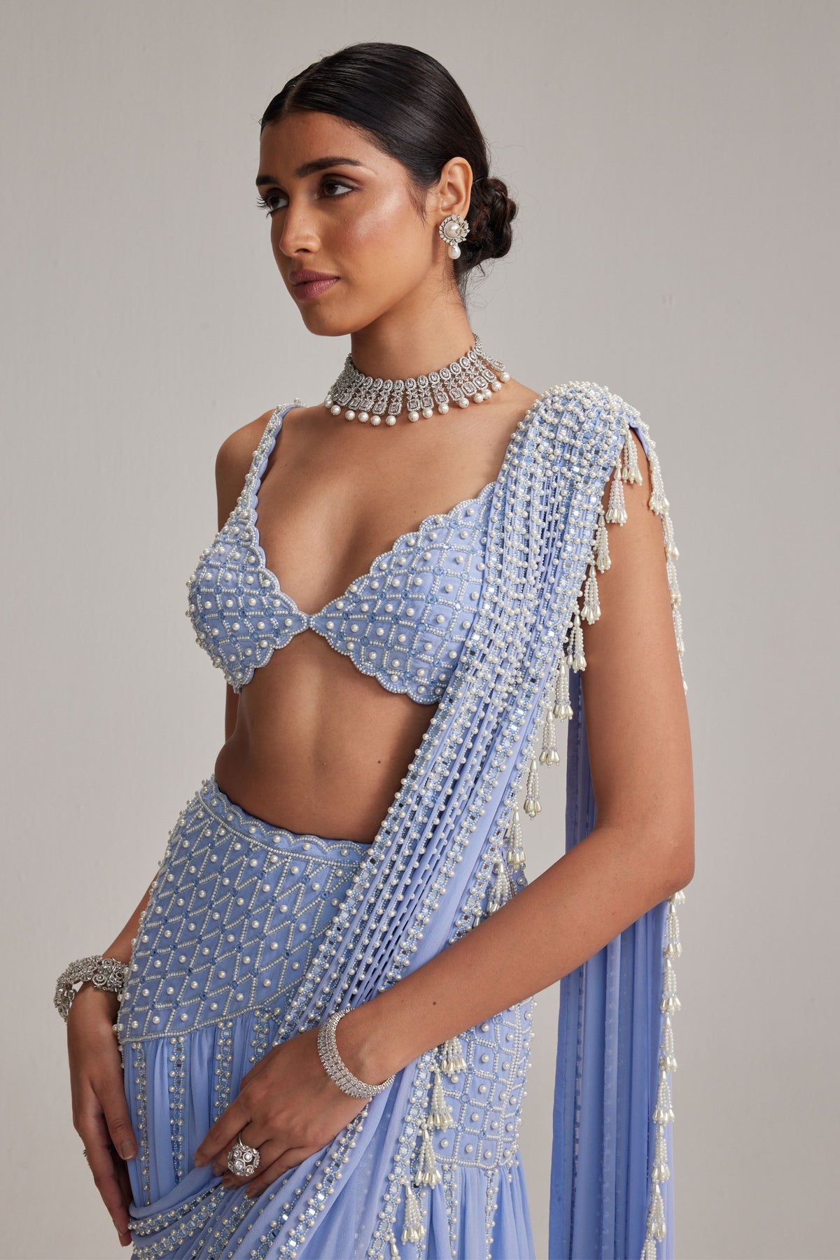 Dew Blue Embroidered Draped Saree Set