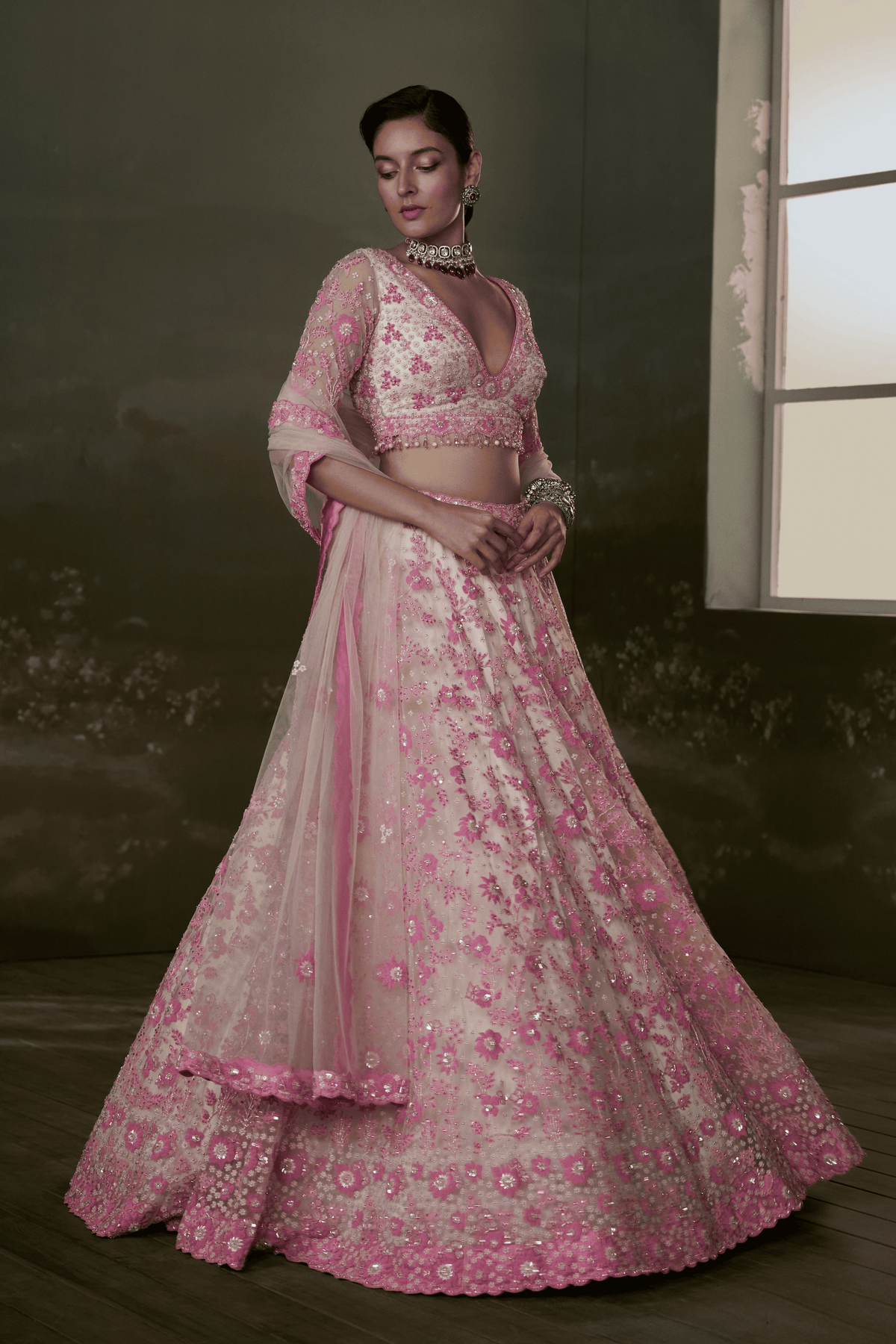 Blush -pink Net Lehenga Set