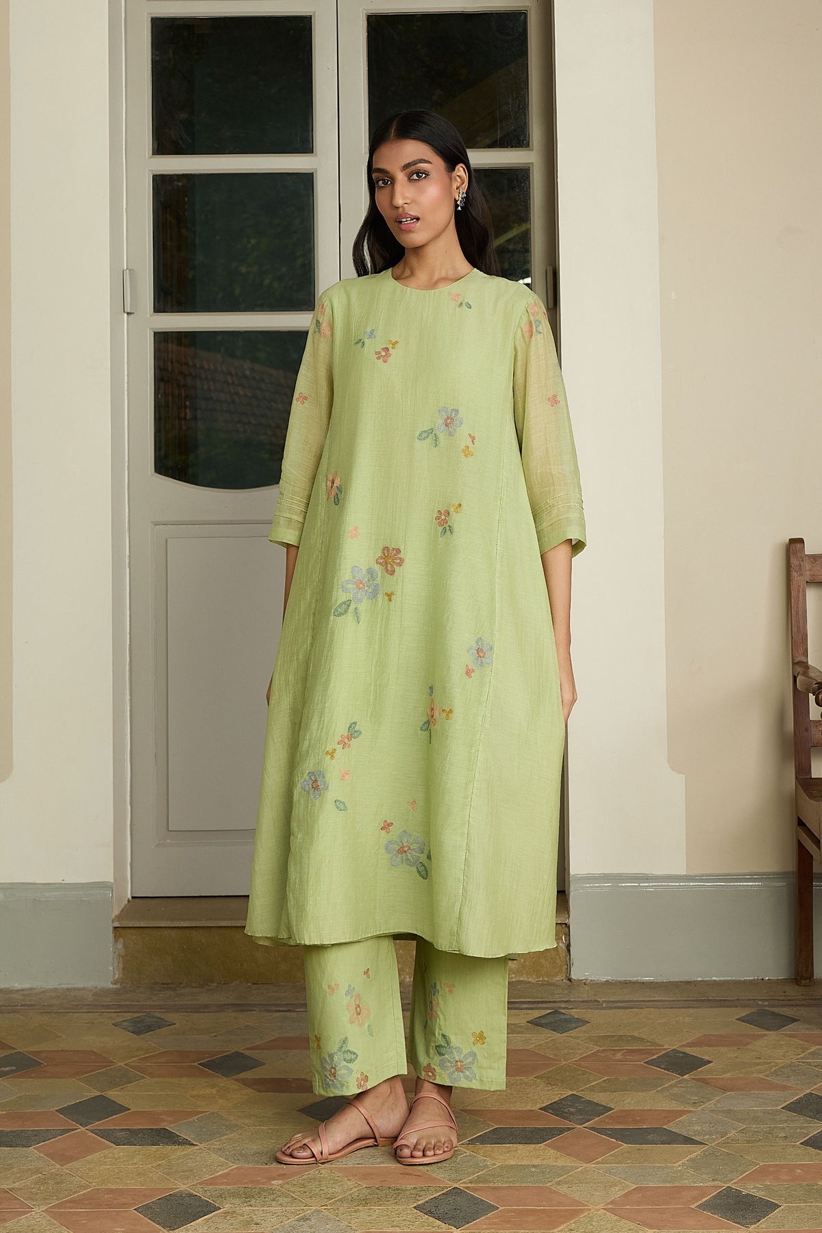 Lime Embroidered Floral Tunic Set