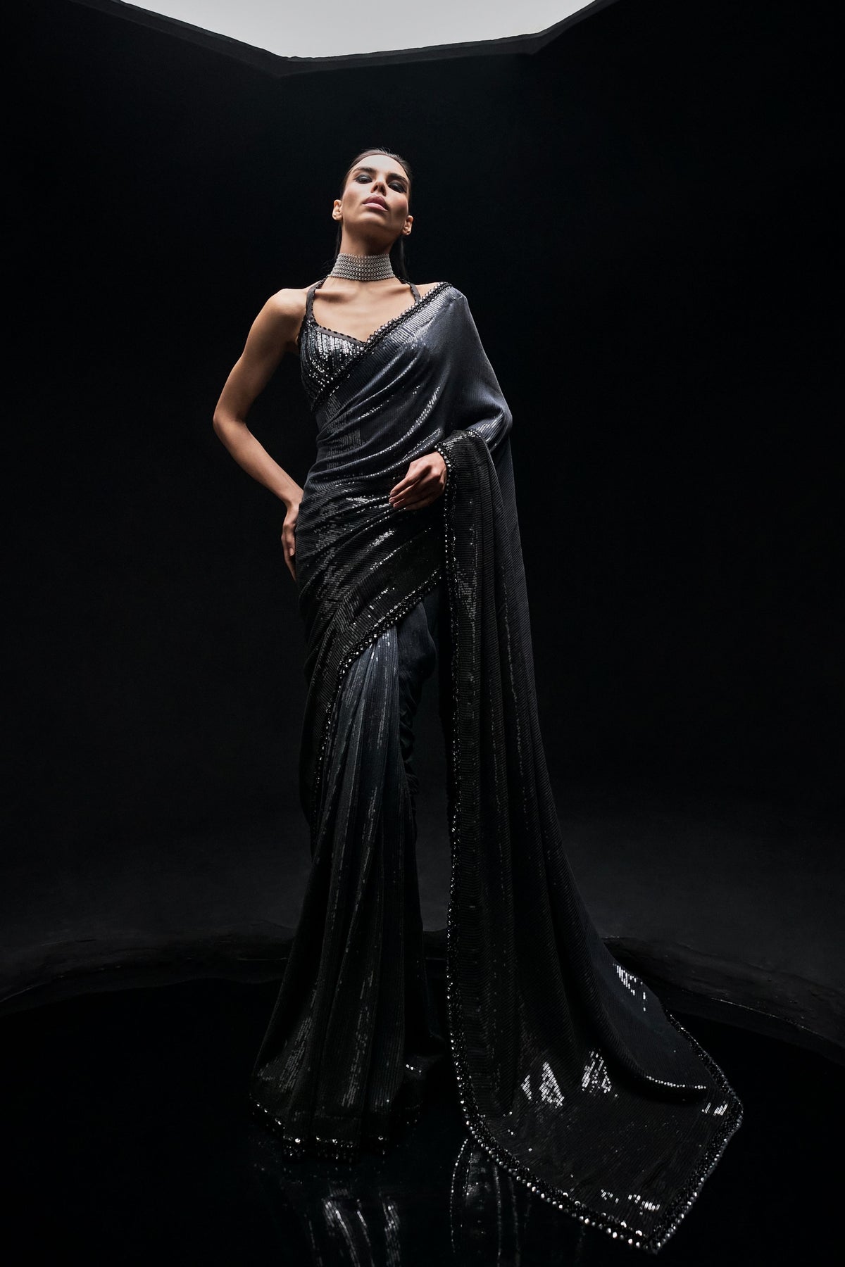Black to Grey Ombre Sequins Saree