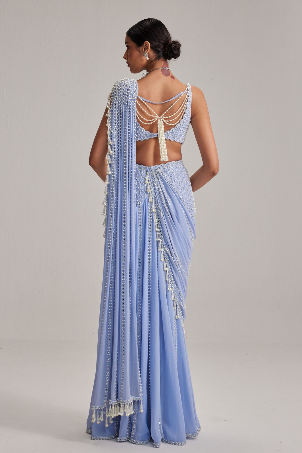 Dew Blue Embroidered Draped Saree Set