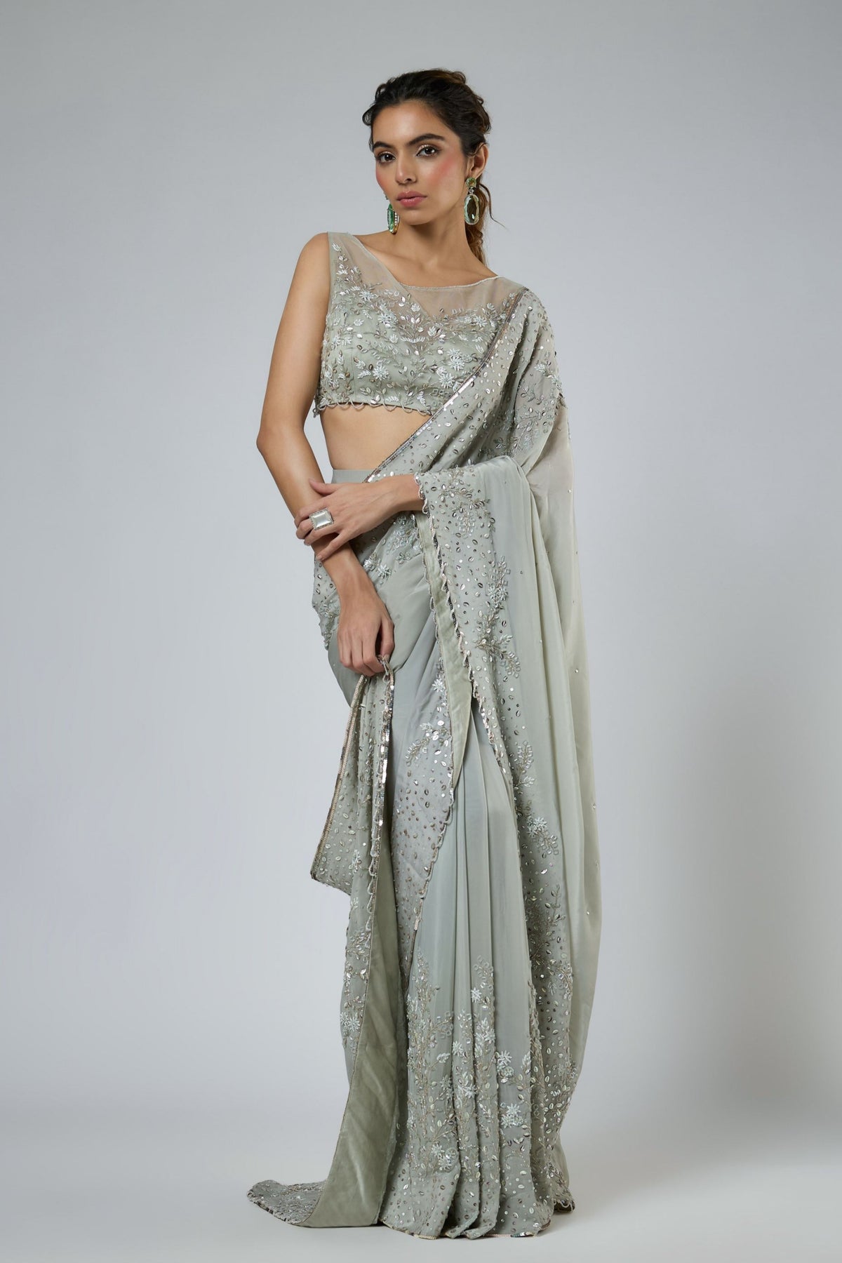 Dusty Green Draped Saree Set