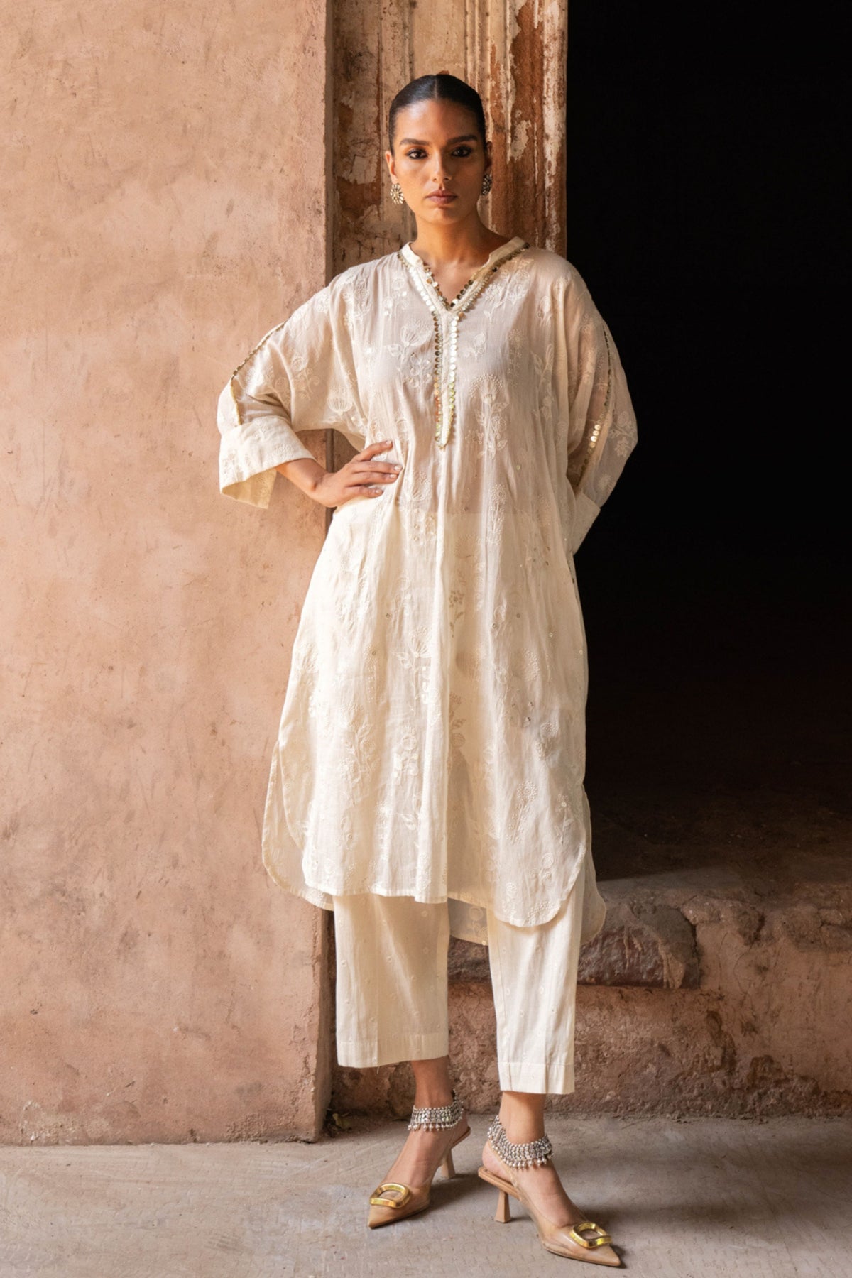 Off White Sunflower Kurta Set