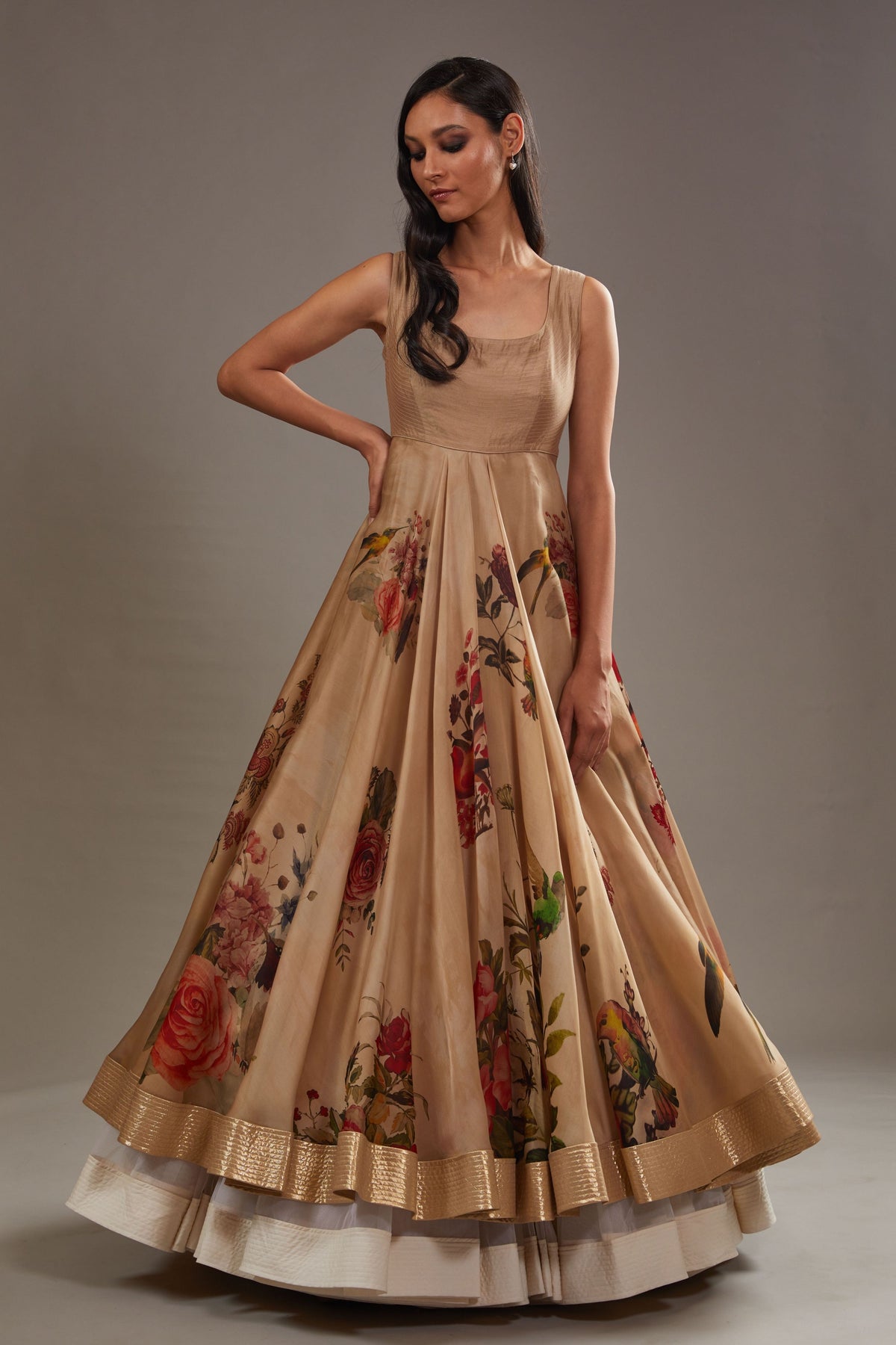 Printed Anarkali Set in Beige