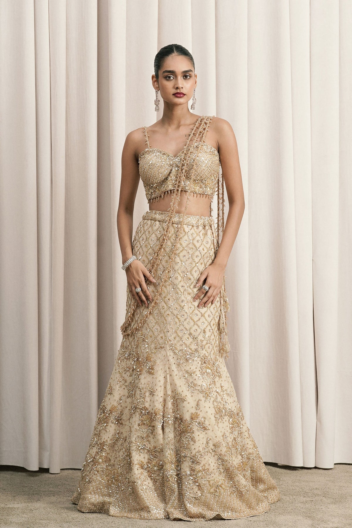 Beige Sequin Embellished Lehenga Set