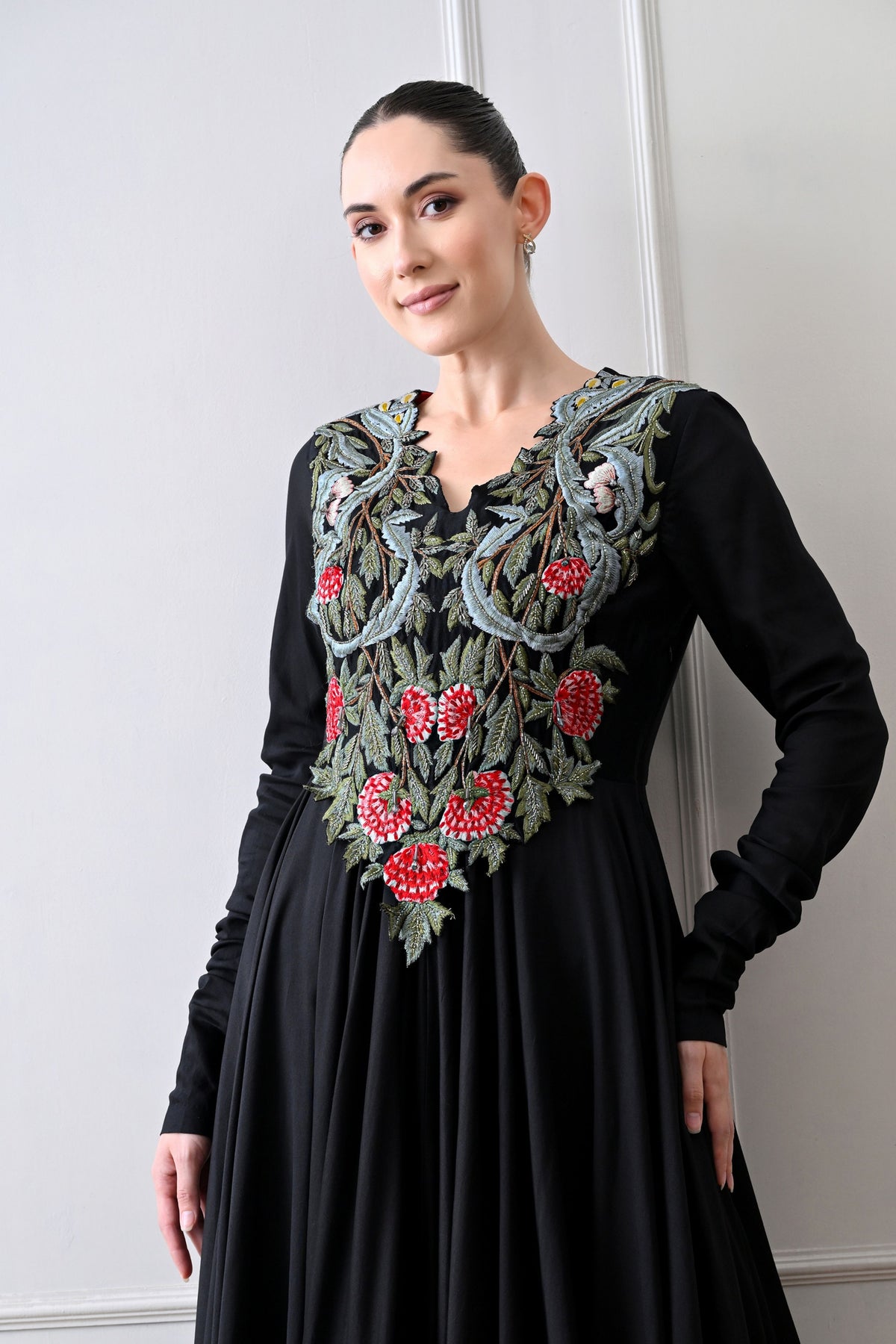Black V-neck Embroidered Anarkali