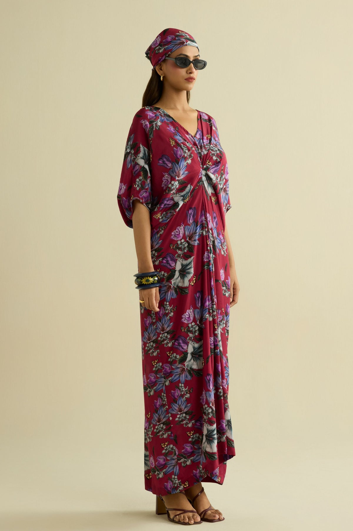Maroon Embroidered Printed Kaftan