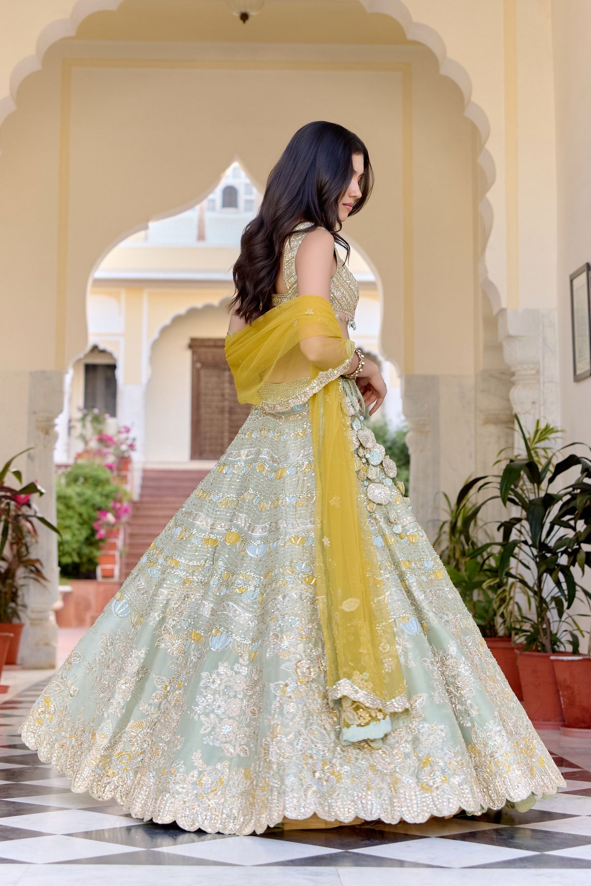 Sage Embroidered Tissue Lehenga Set
