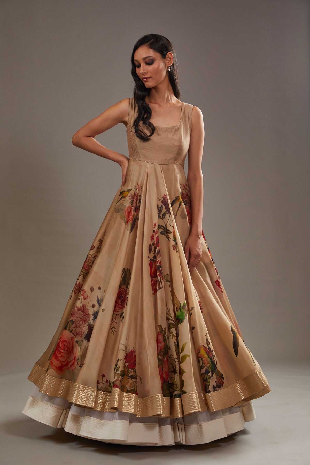 Printed Anarkali Set in Beige