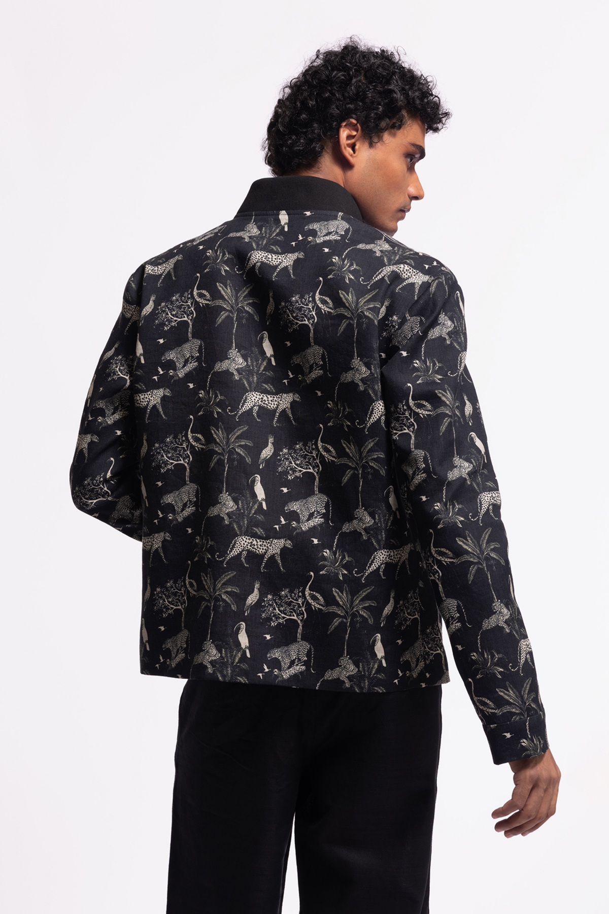 Black Linen Printed Jacket With Zip