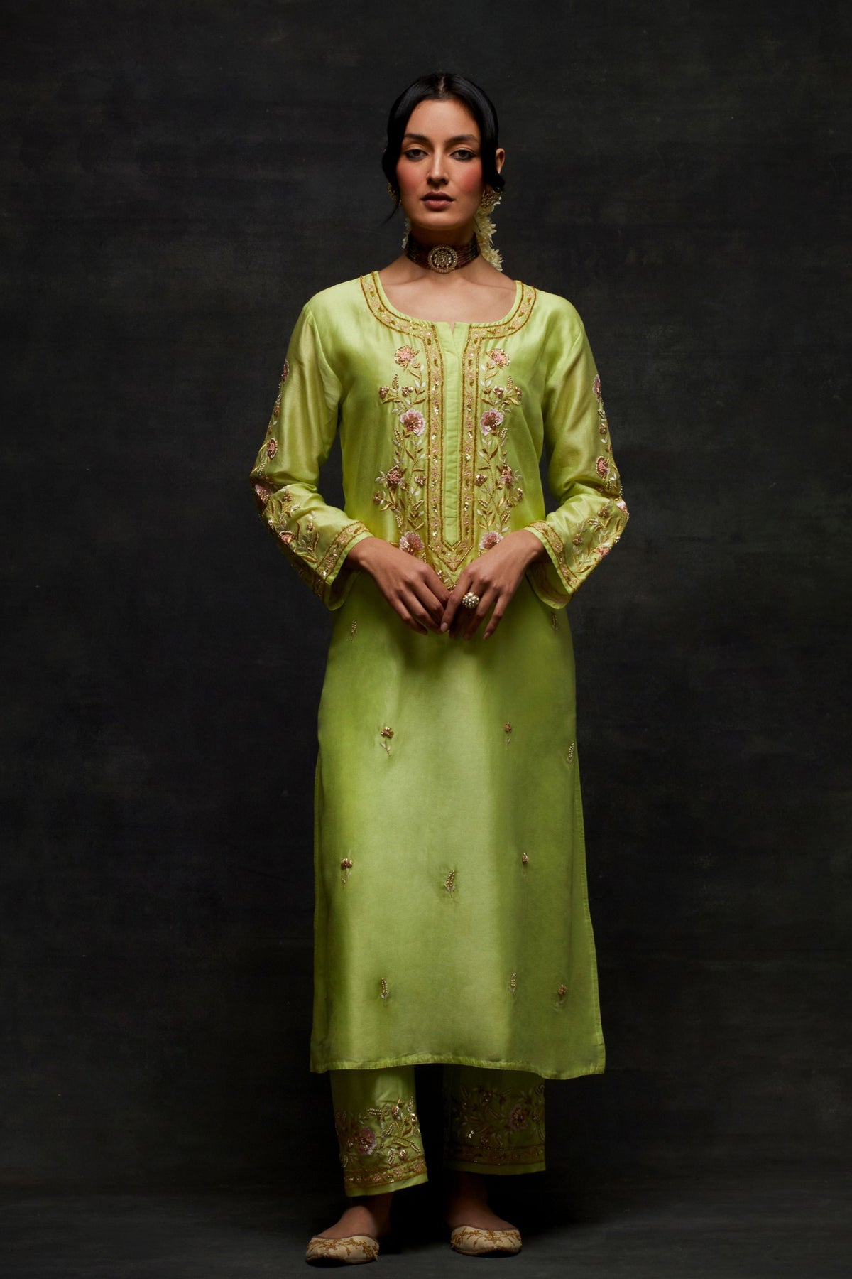 Green Placket Kurta Set