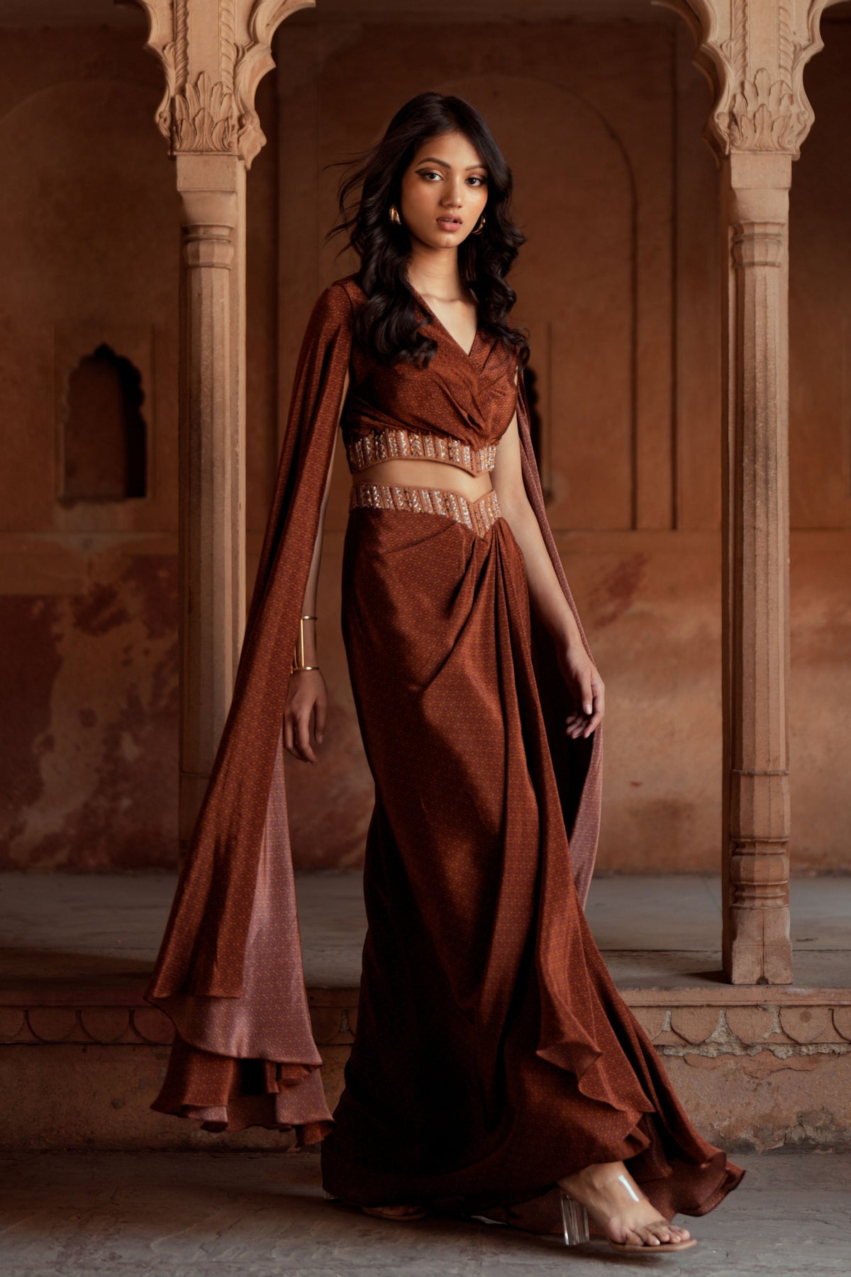 Brown Embroidered Drape Set
