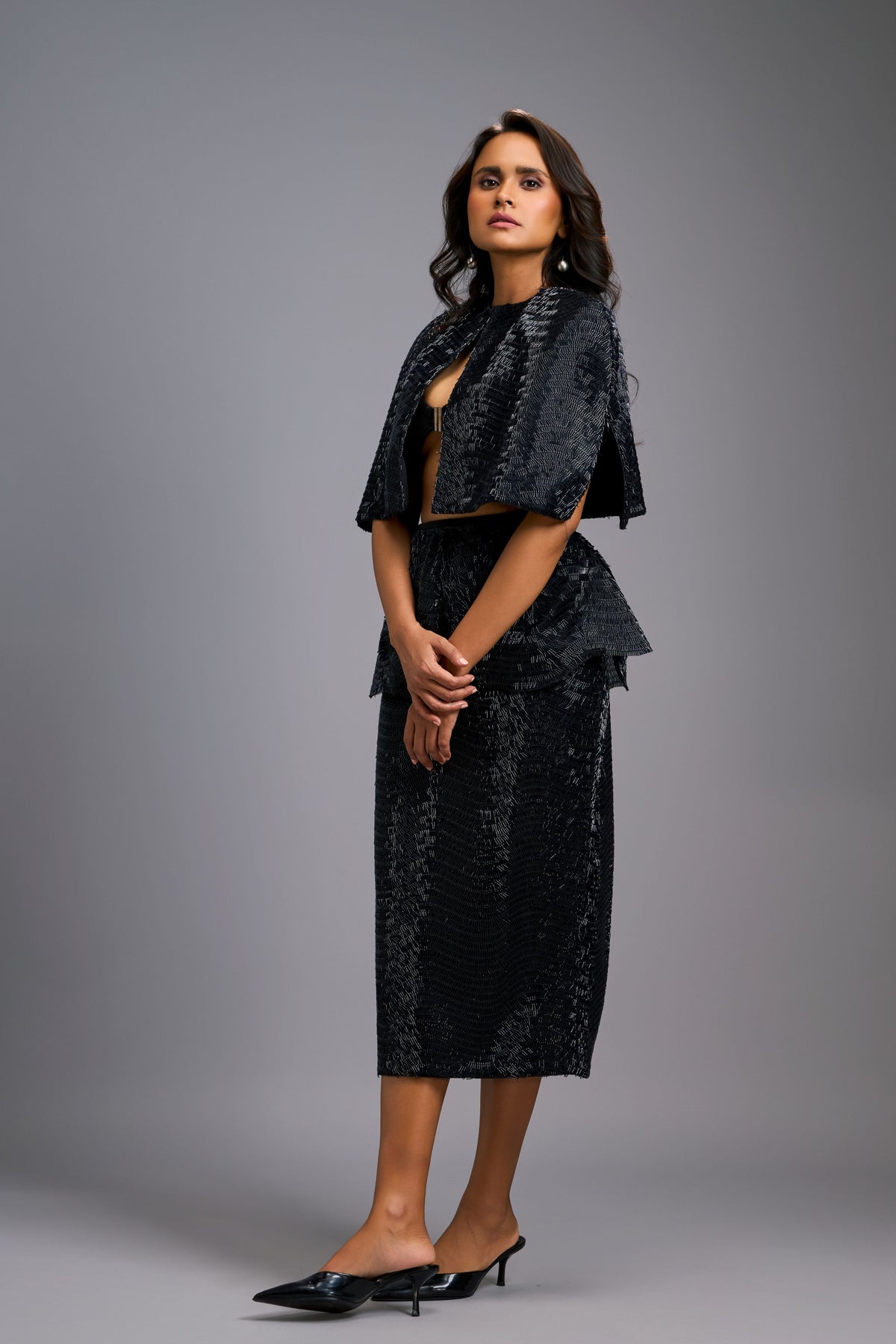 Shimmer Embroidered Black Midi Skirt