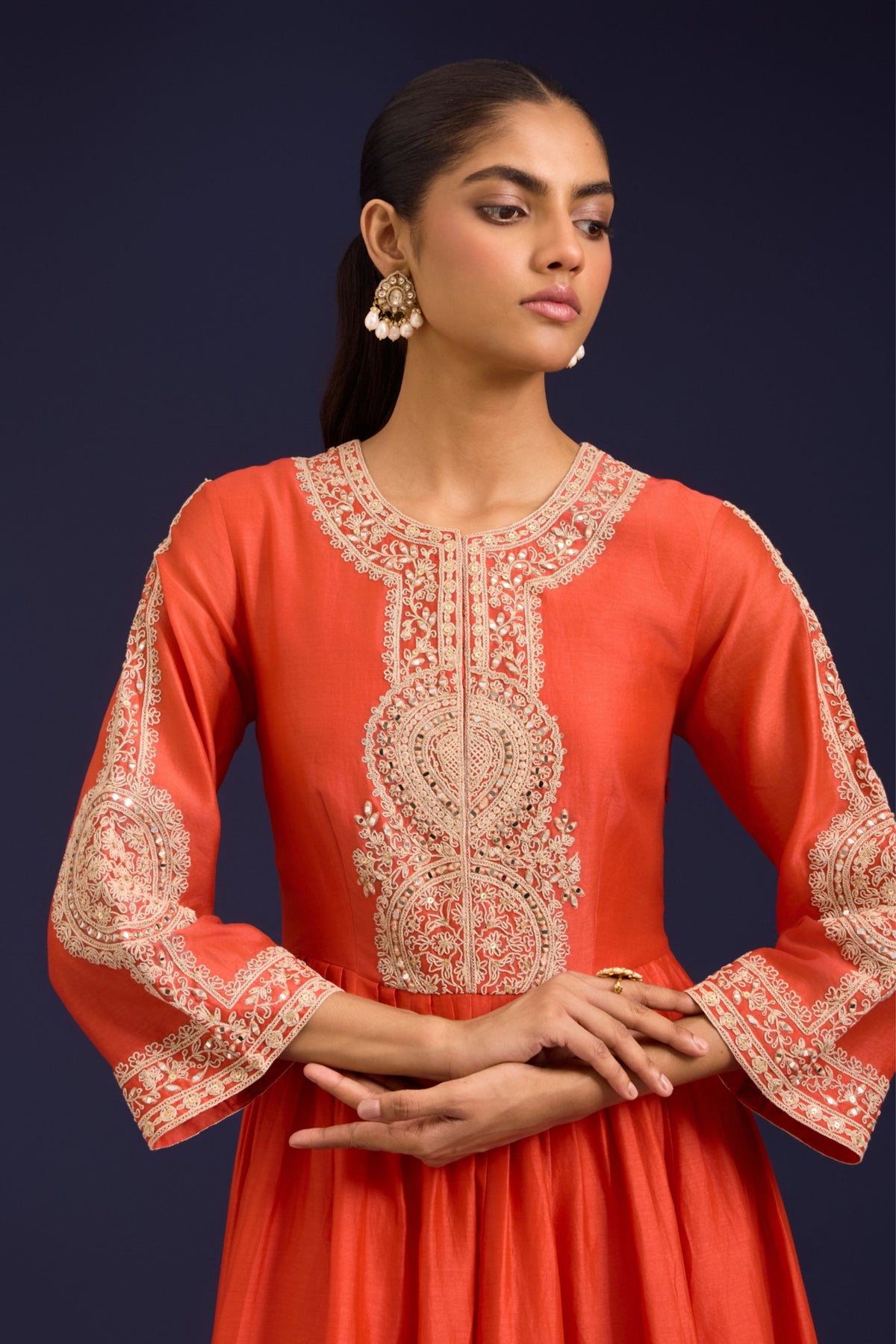 Orange Silk Chanderi Anarkali Set