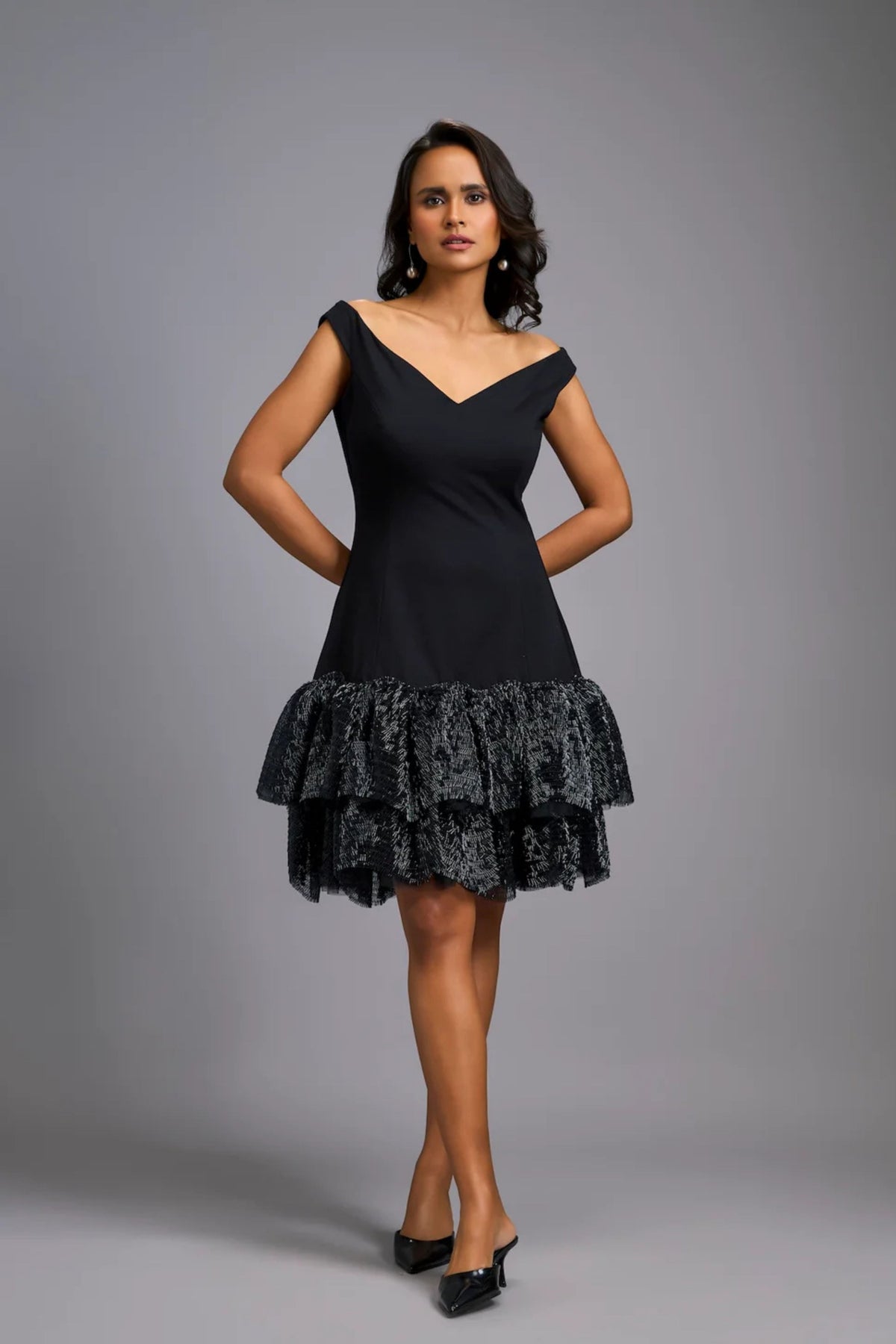 Off-Shoulder  Black Shimmer Dress