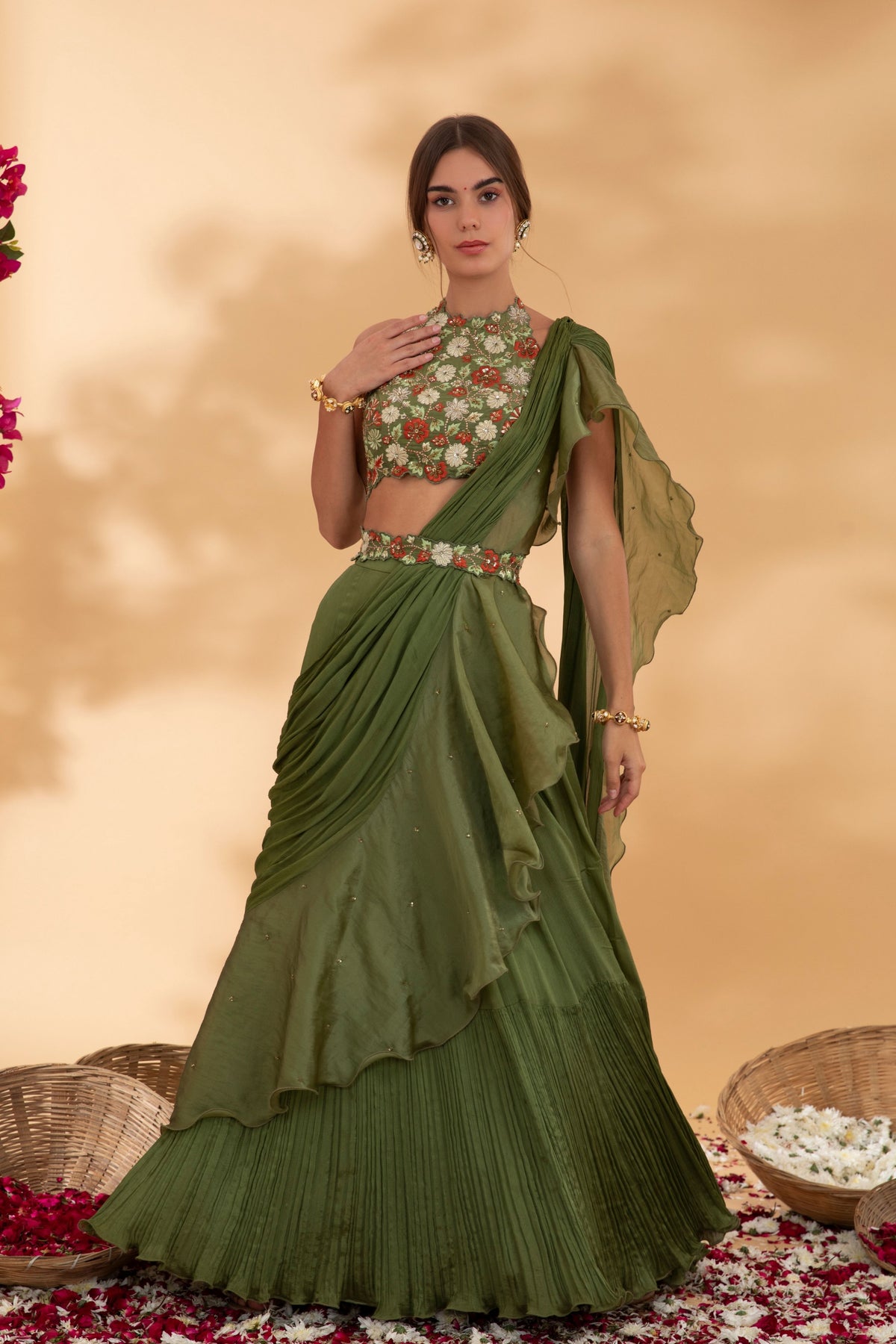Juniper Green Pre Draped Saree Set