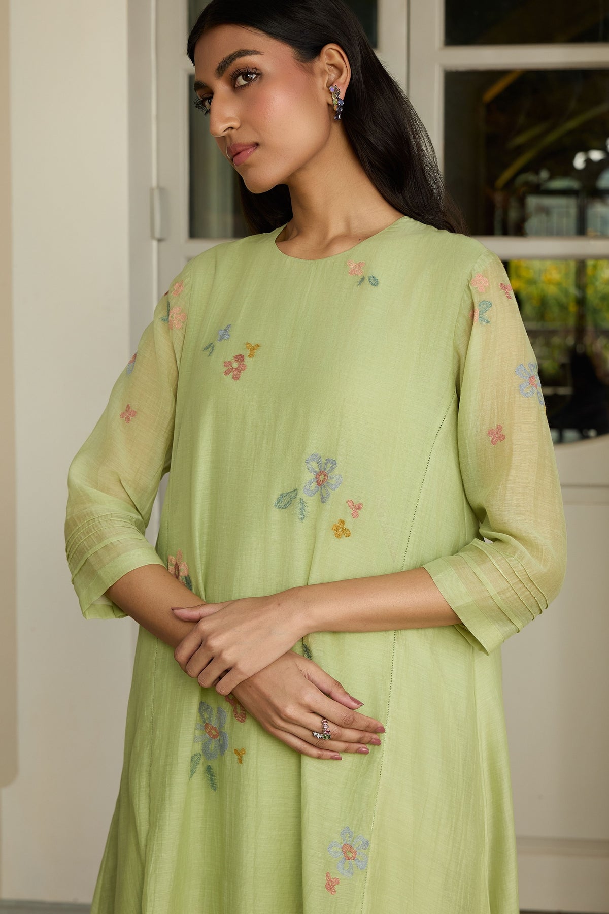 Lime Embroidered Floral Tunic Set