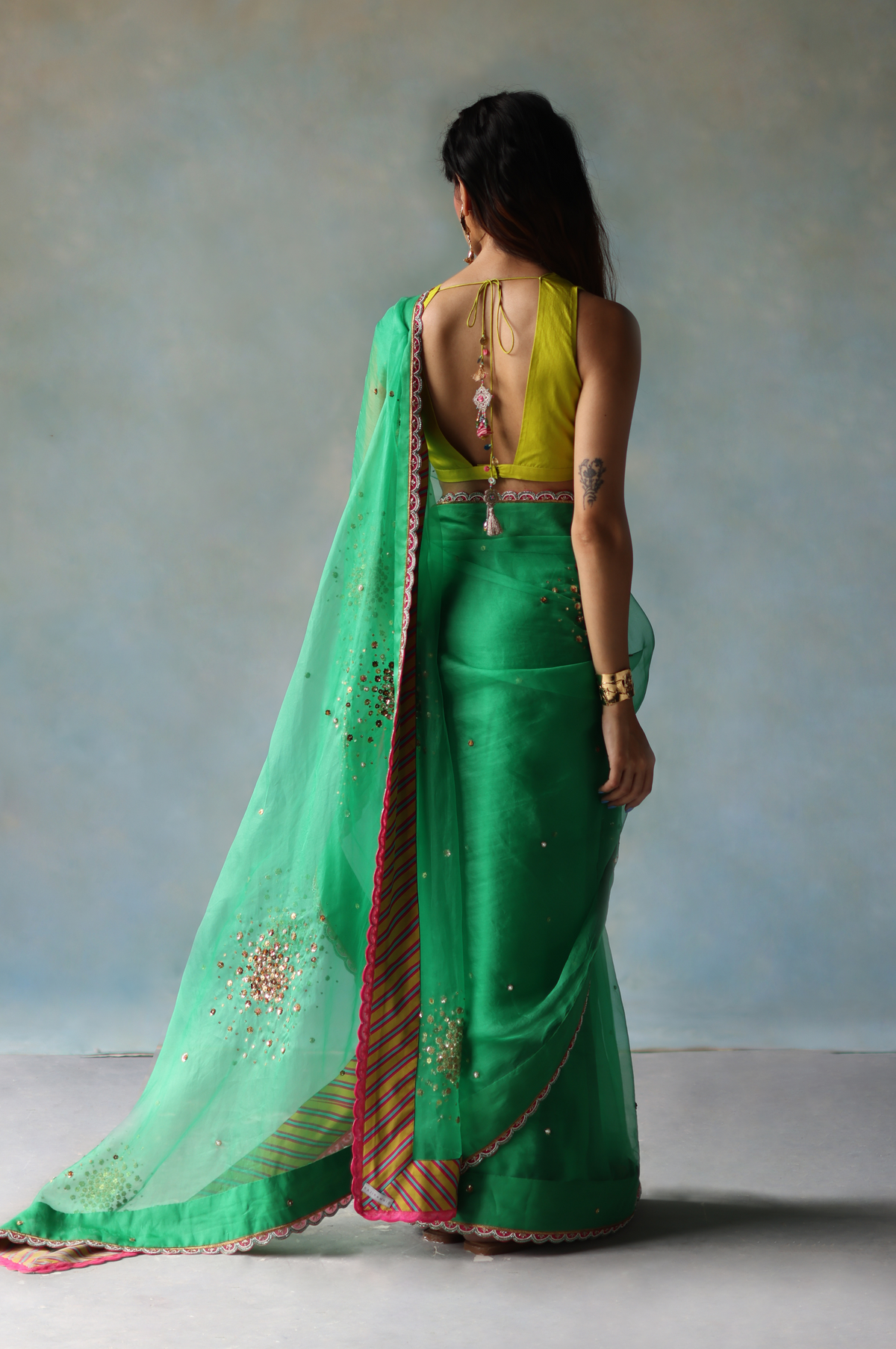 Gul Green Sequin Flower Sari