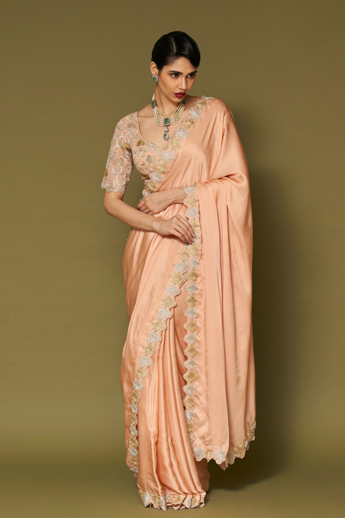 Apricot Embroidered Saree Set