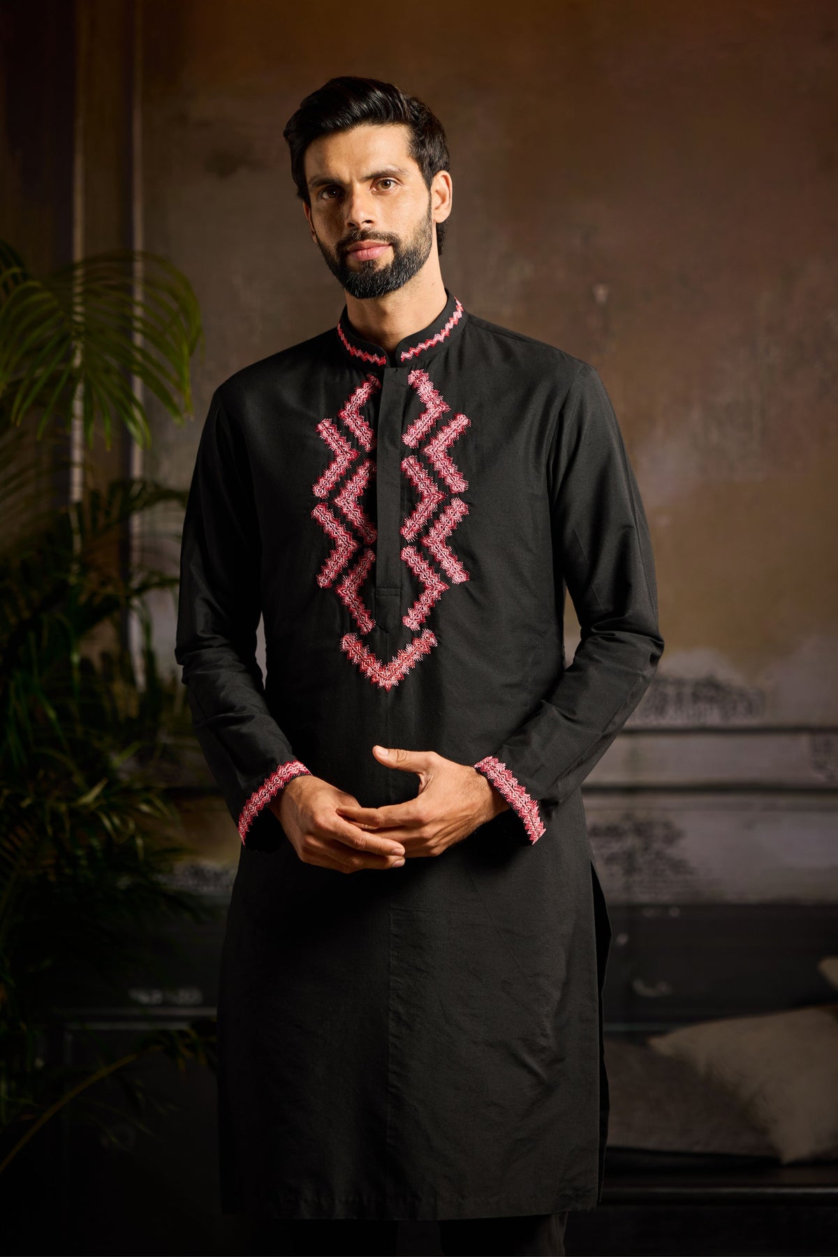 Black Maroon Embroidered Kurta Set
