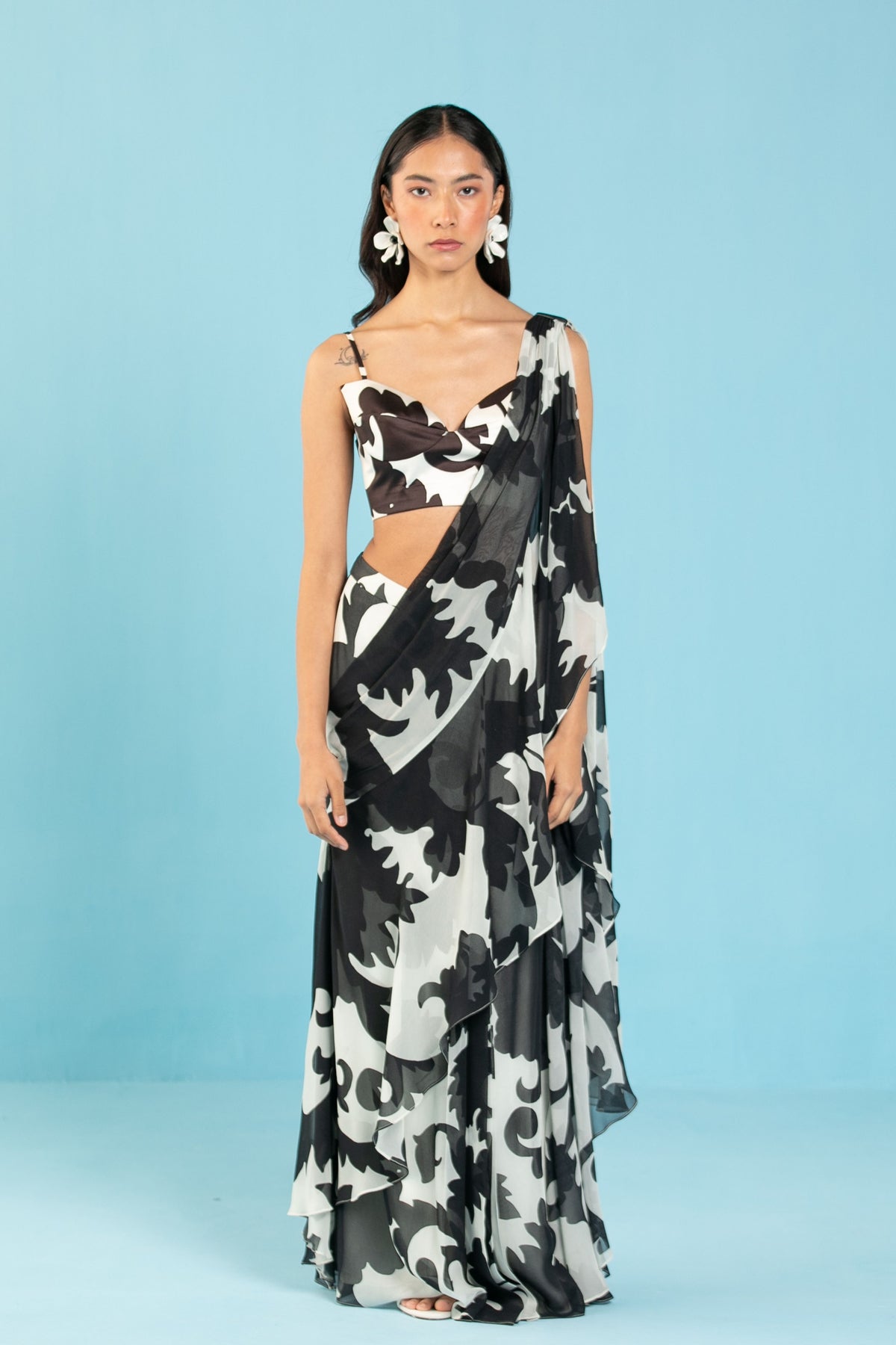 Black Pre Draped Saree Set