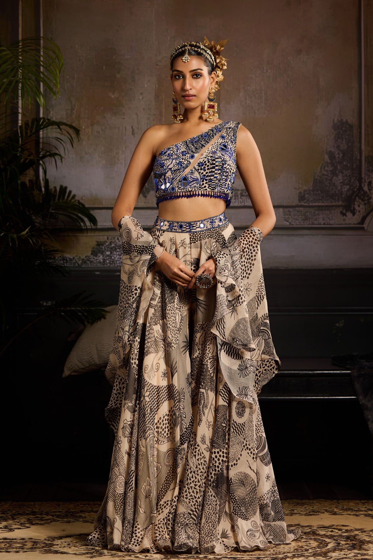 Beige and Teal Highlighted Sharara Set