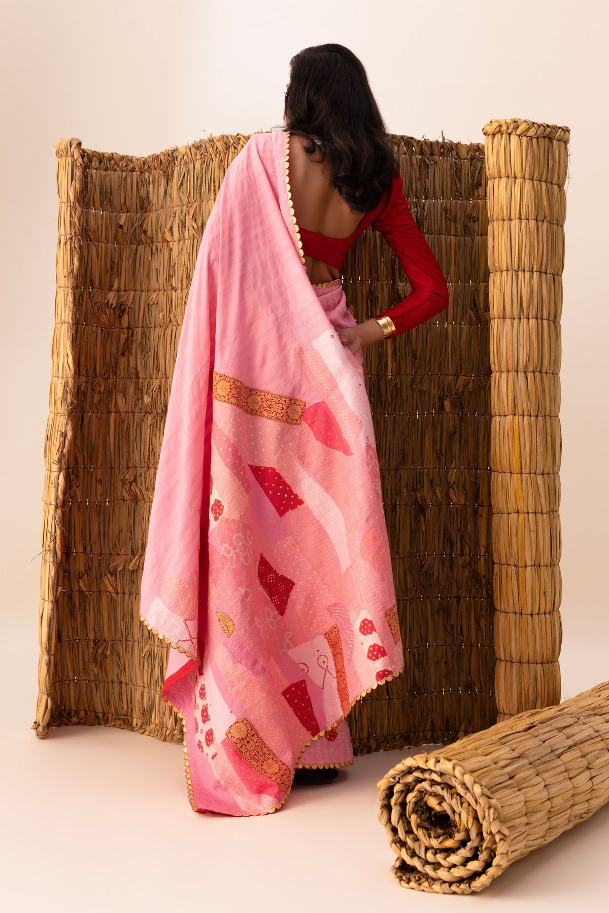 Pink Patchwork Bandhani Saree set