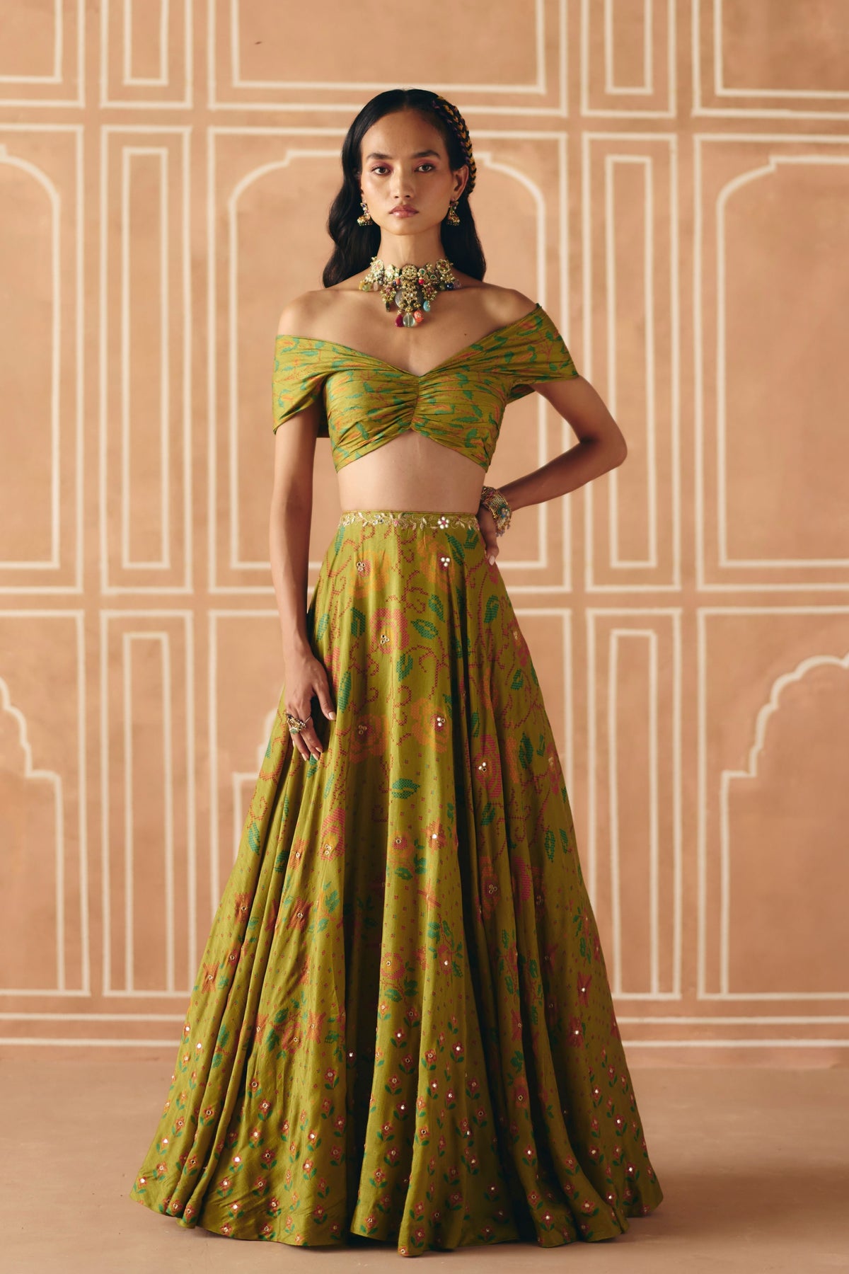 Parrot Green Off Shoulder Lehenga