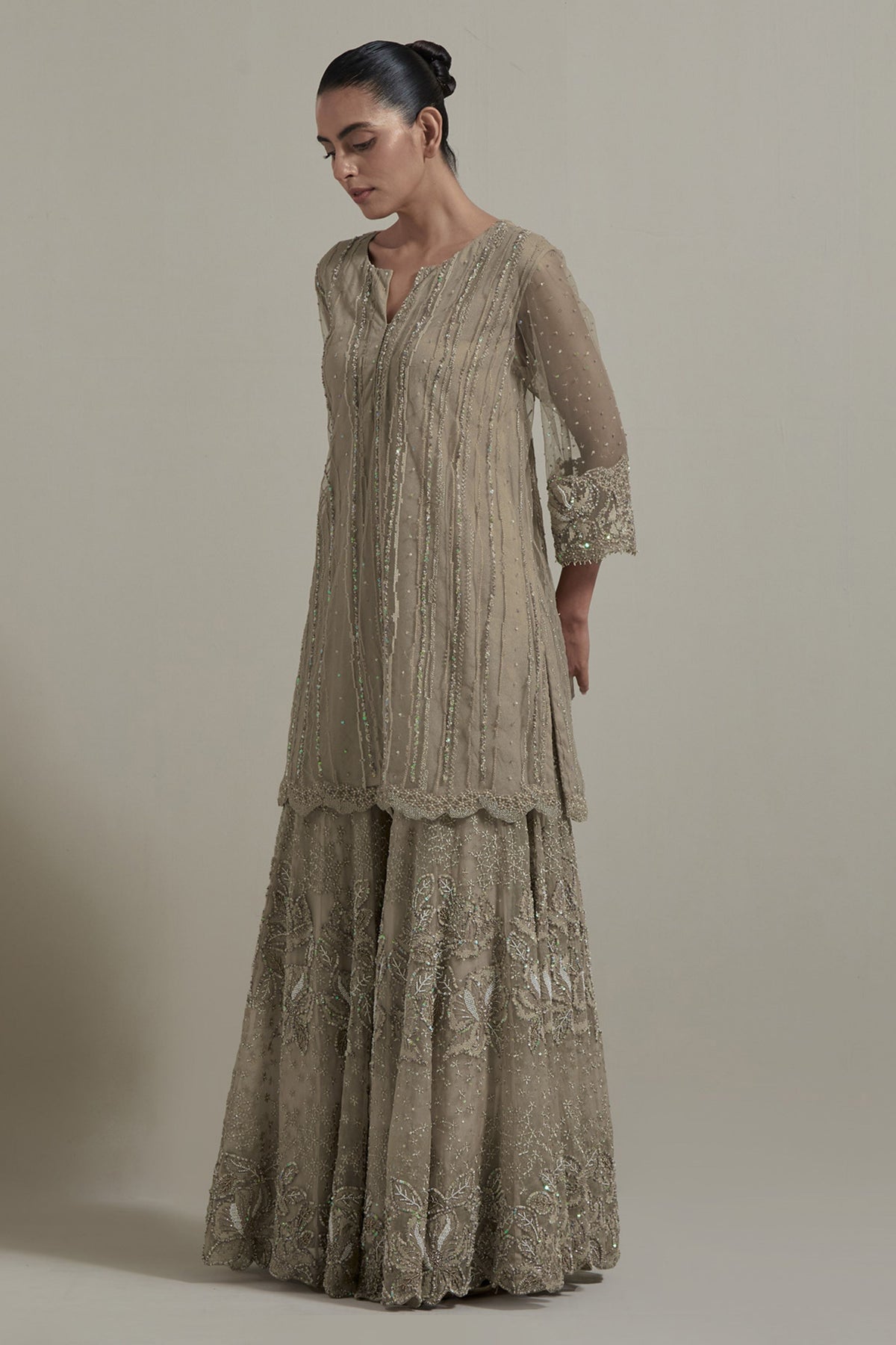 Beige Textured Sharara Set