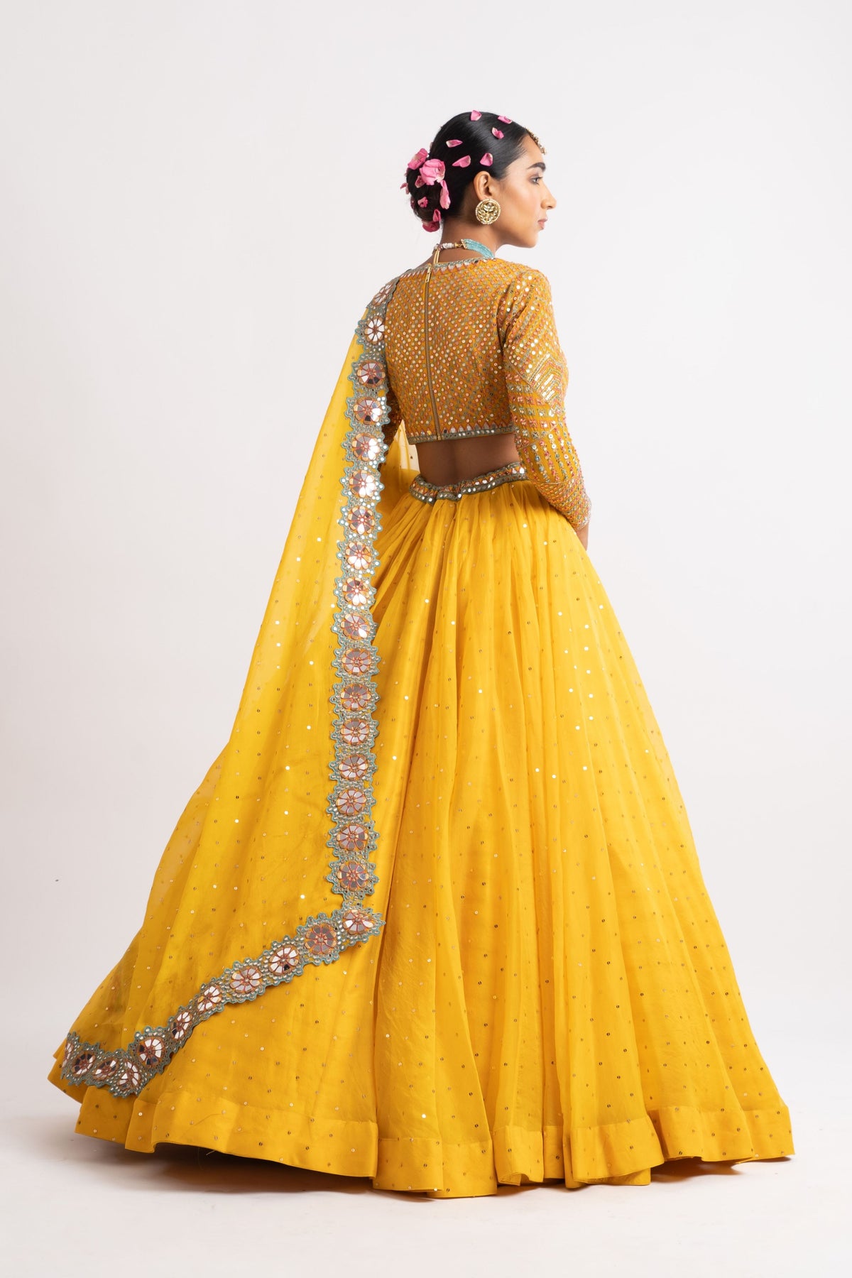 Yellow silk organza lehenga