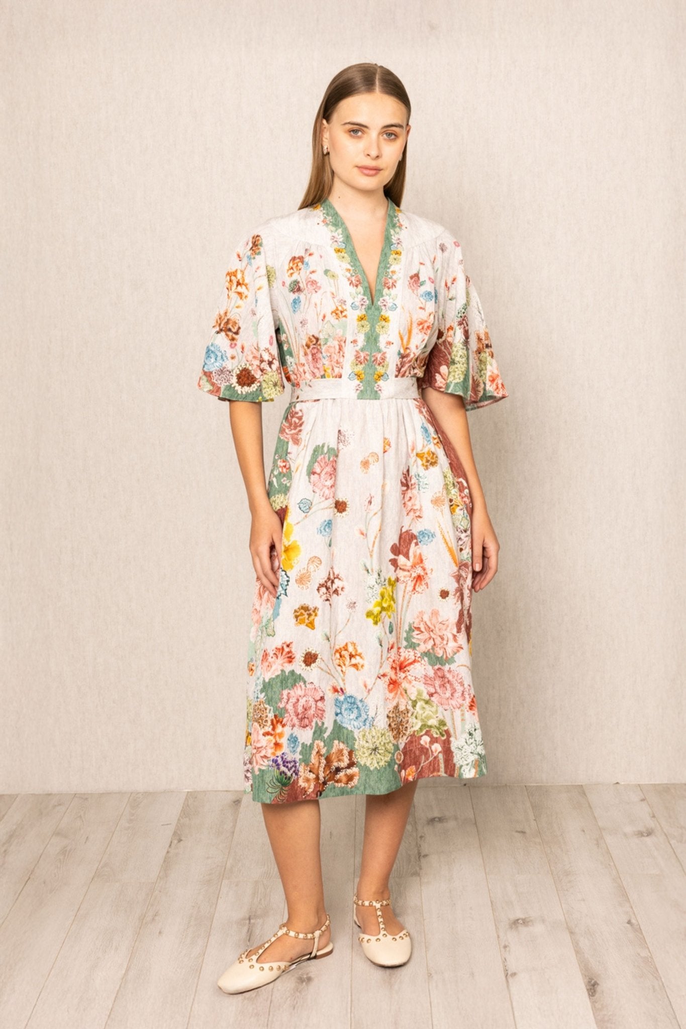 Capri Flared Sleeve Floral Dress | Elegant Midi Dress by Ranna Gill XL Capri Flared Sleeve Floral Dress | Elegant Midi Dress by Ranna Gill XL