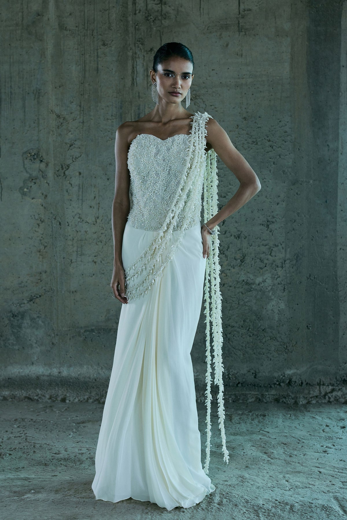 Ivory Pearl Embellished Drape Saree