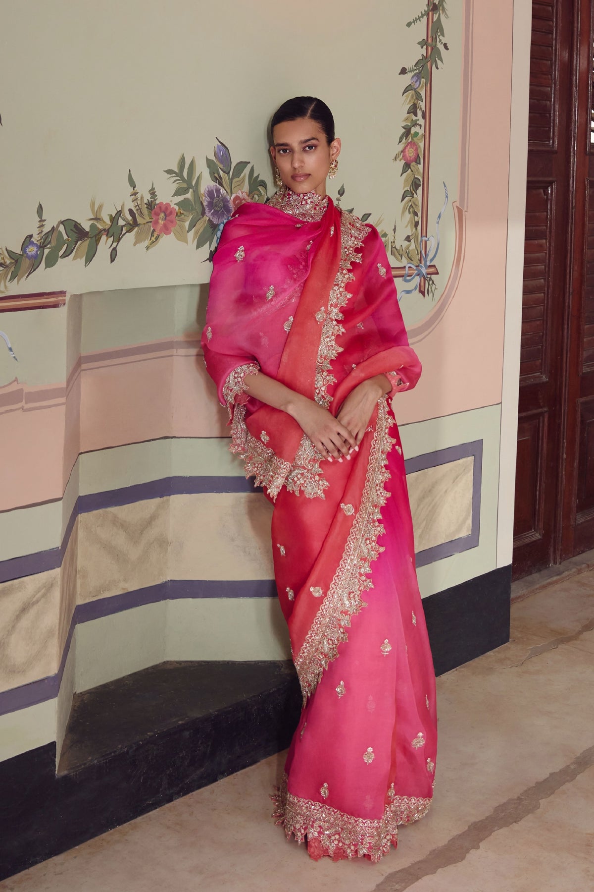Pink To Red Ombre Saree Set