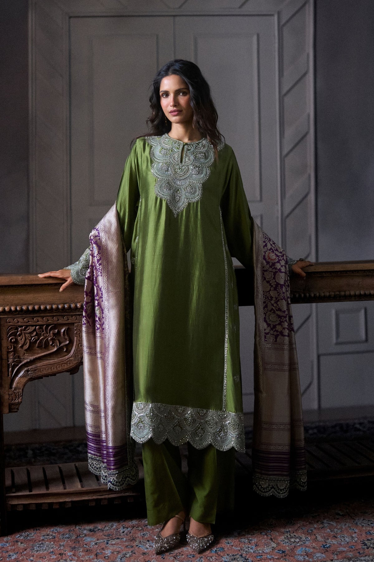 Olive Green Embroidered Kurta Set