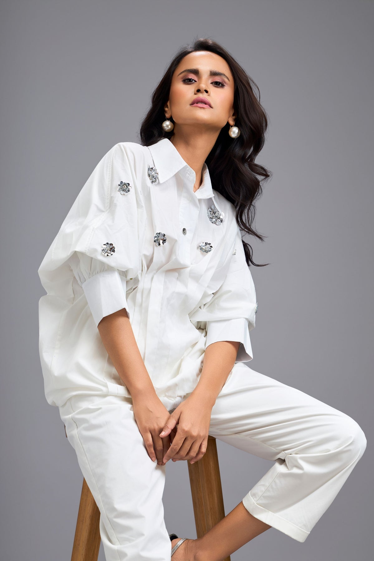 Embellished Button Down White Co-ord Set