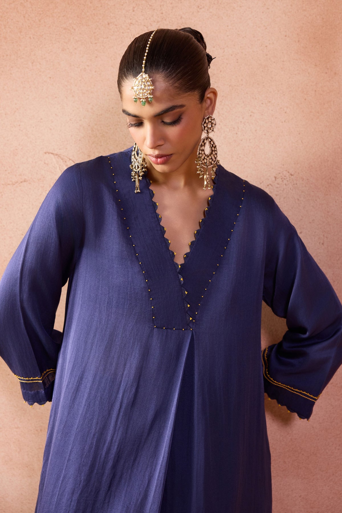 Navy Box Pleated Pants Kurta Set