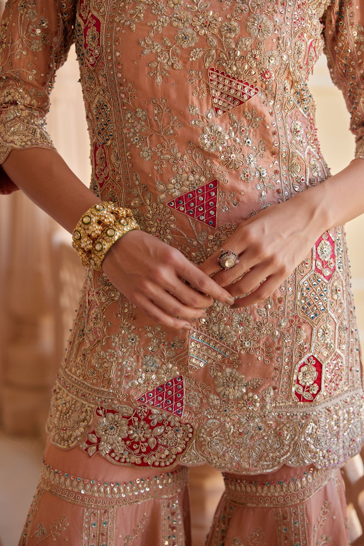 Salmon Peach Embroidered Sharara Set