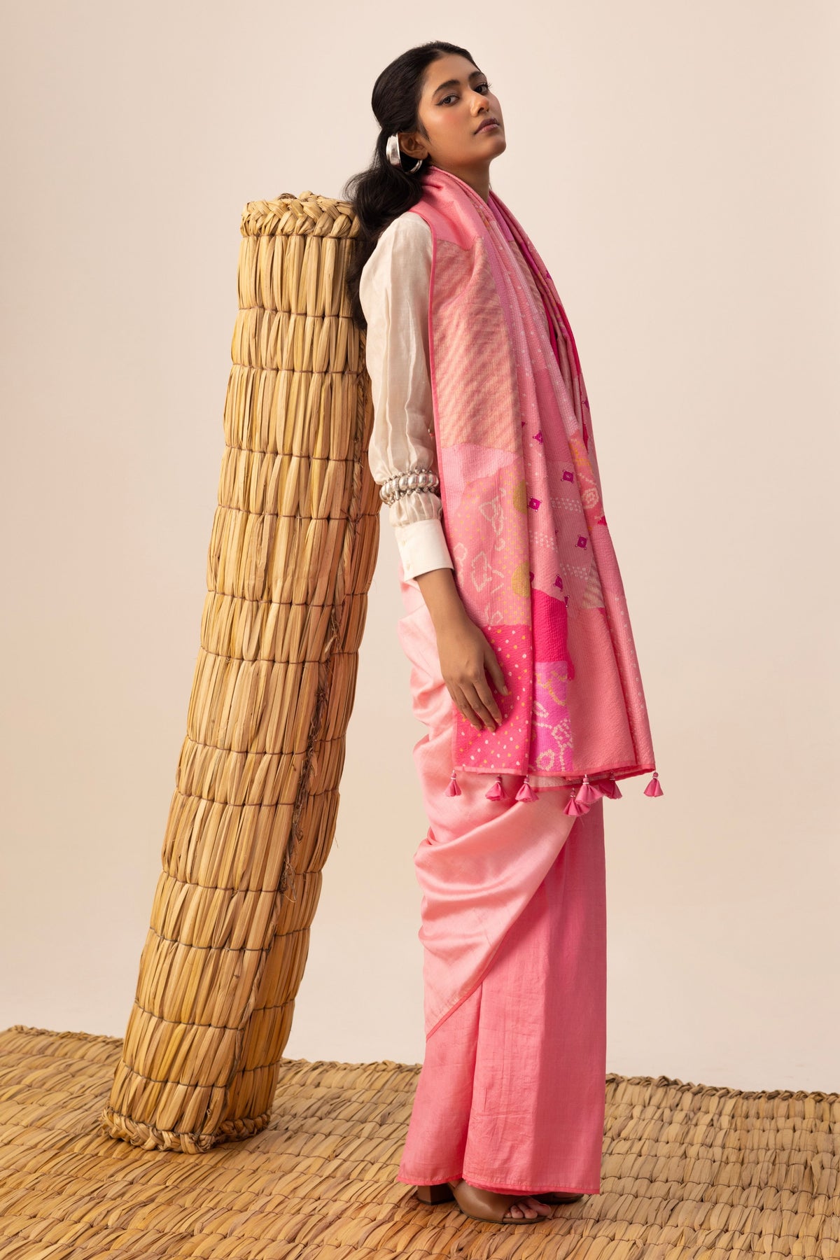 Pink Bandhani Patchwork Saree set