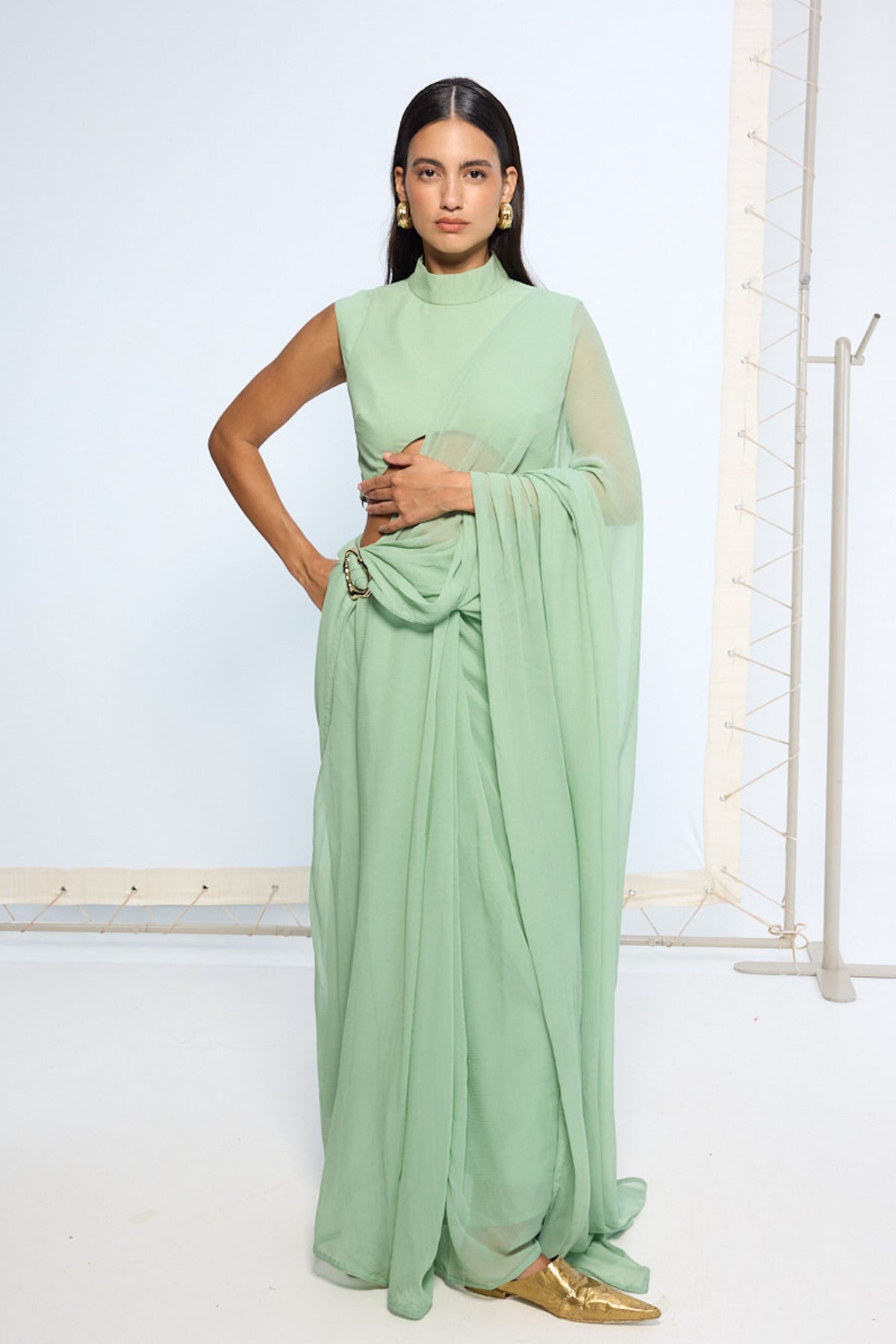 Pale Green Brooch Saree