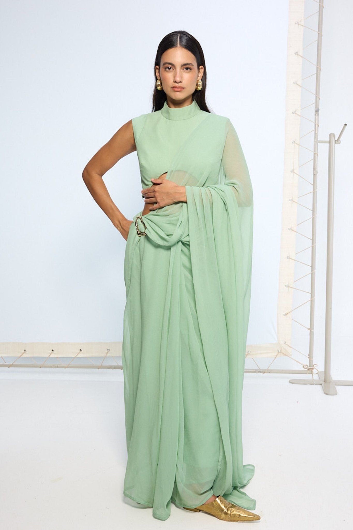 Pale Green Brooch Saree - Ekaya - Elahe