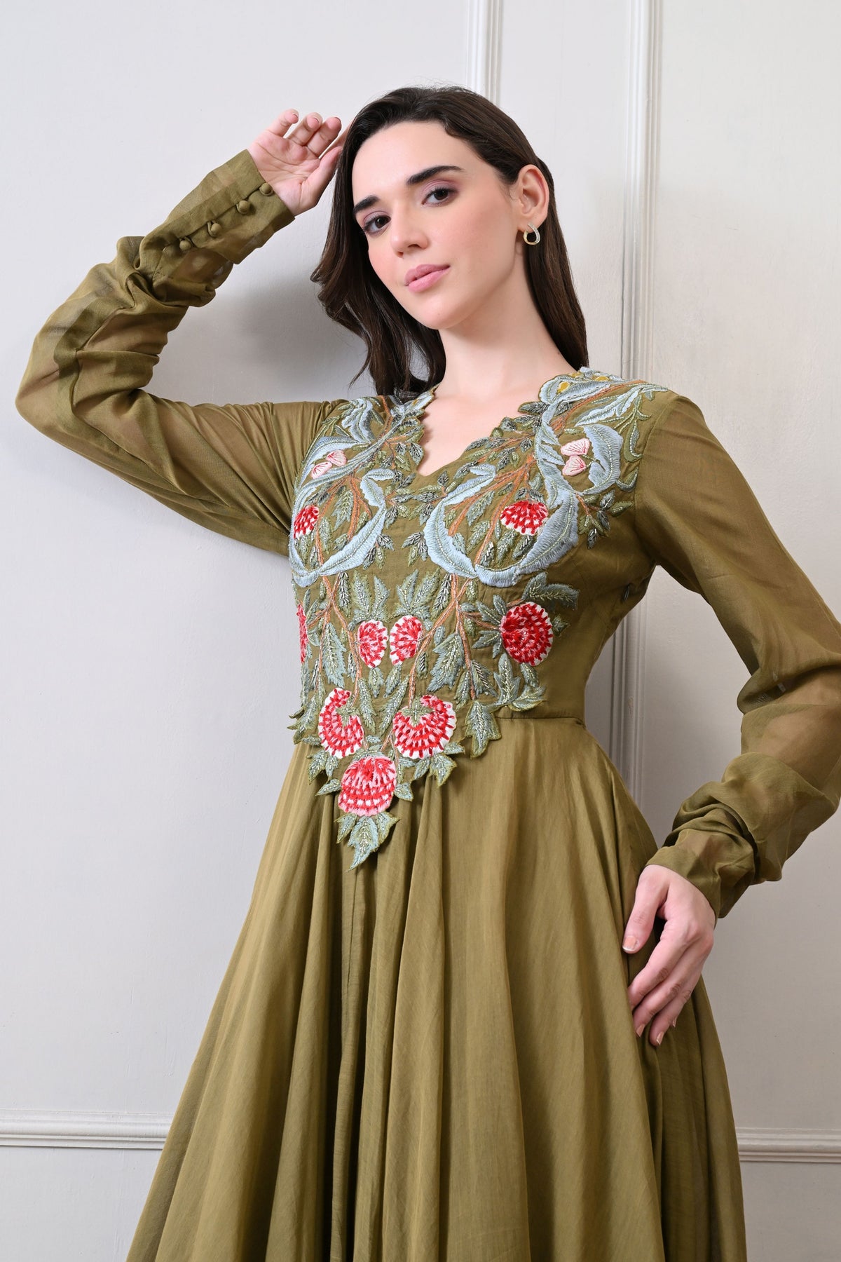 Olive V-neck Embroidered Anarkali
