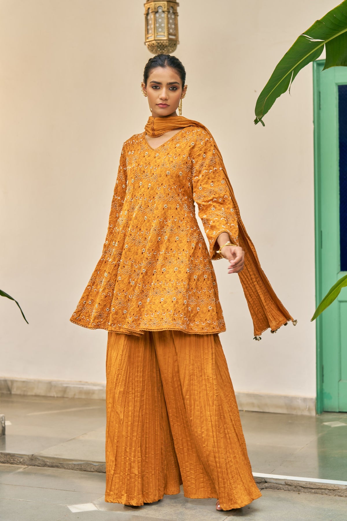 Ochre Hand Embroidered Short Kurta Set