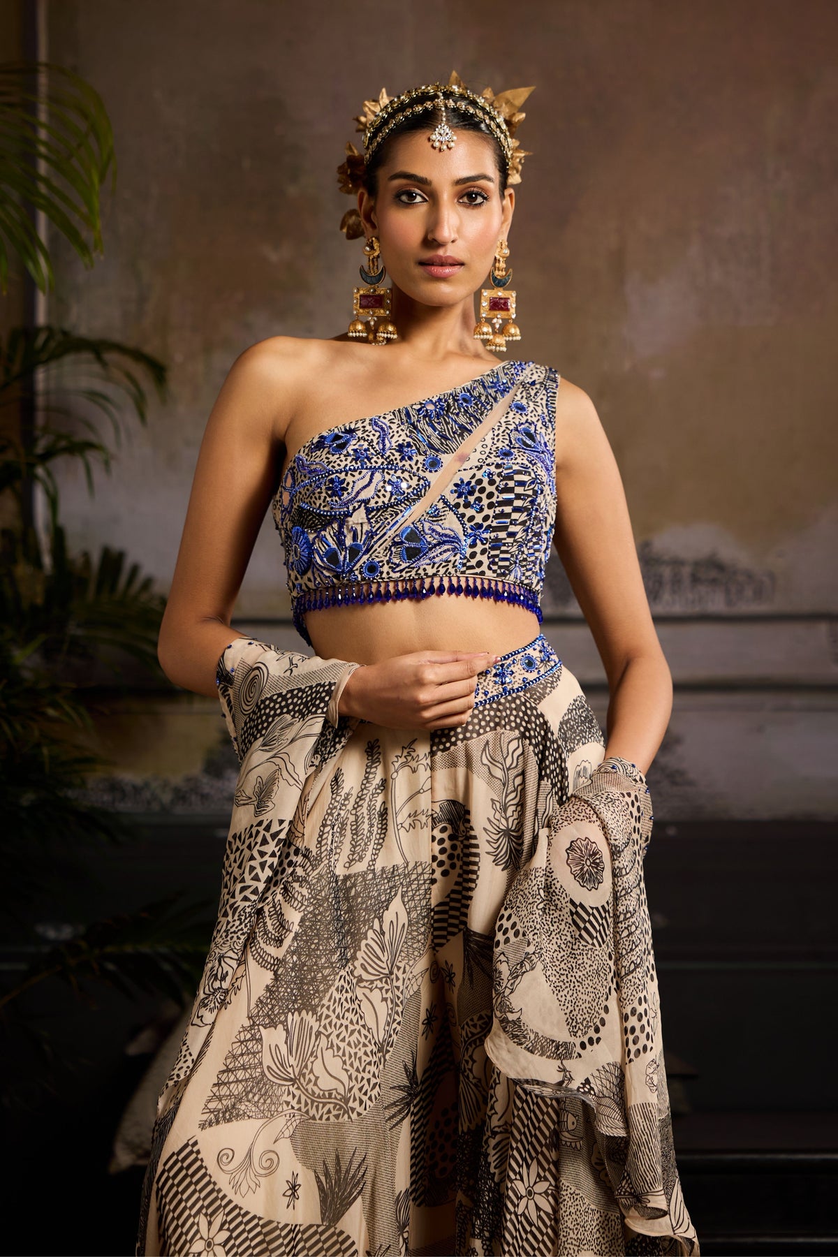 Beige and Teal Highlighted Sharara Set