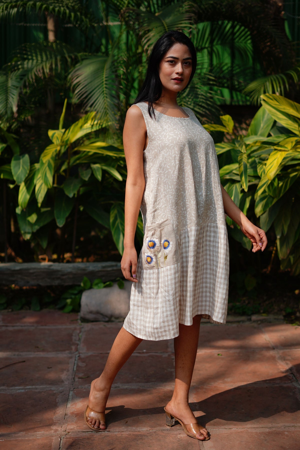 Beige Printed Mix Sleevless Dress