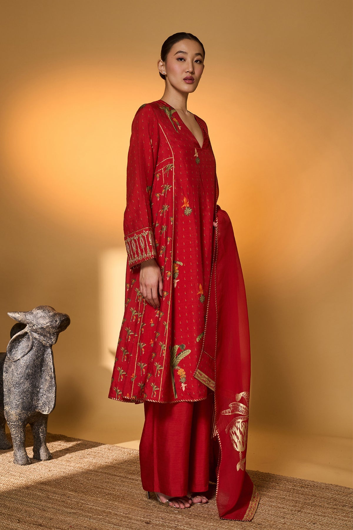 Red Tropical Anarkali Set