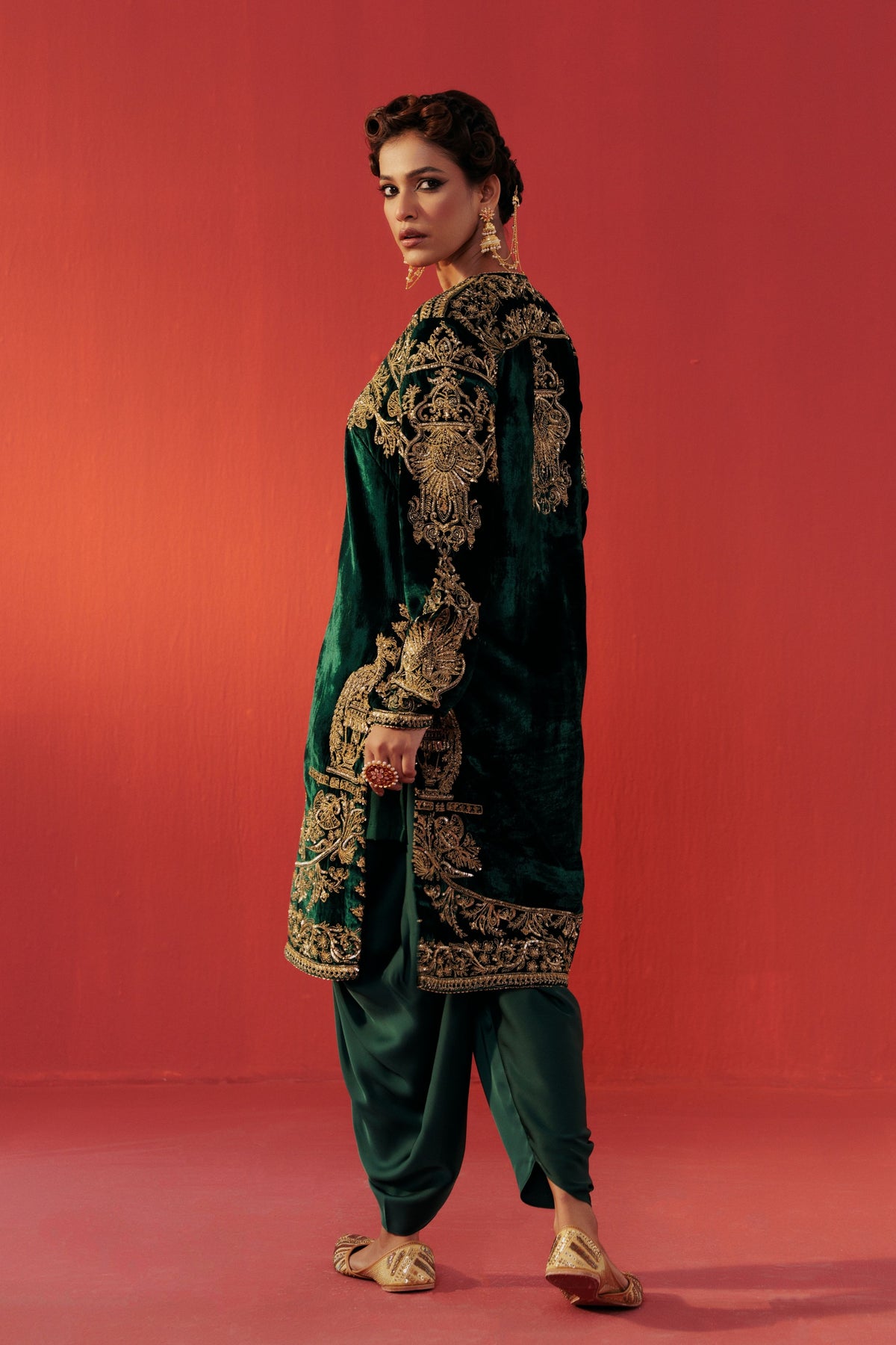 Bottle Green Velvet Kurta Set