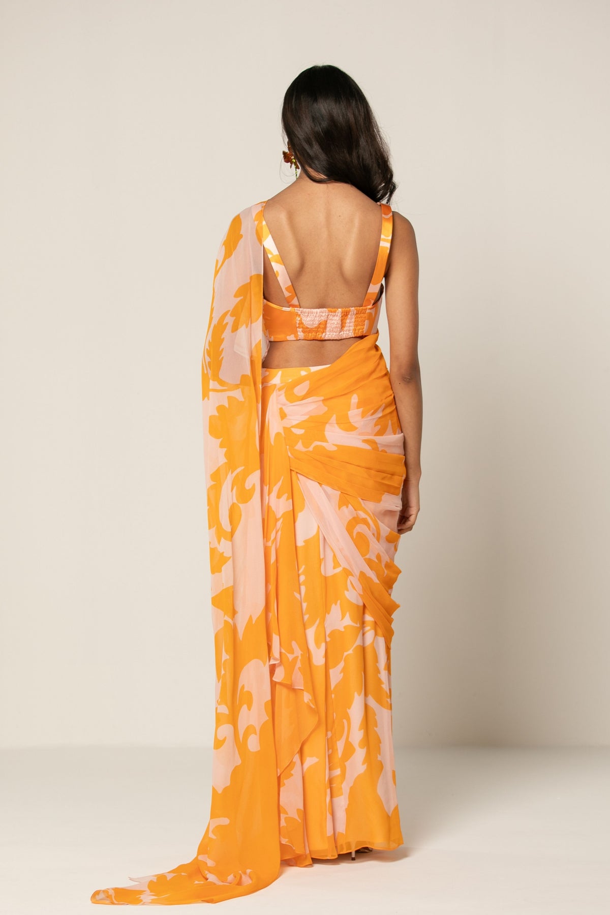 Orange Pre Draped Saree Set