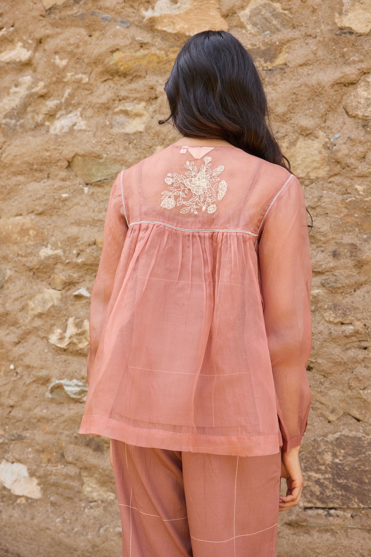 Sheer Brown Organza Yoke Top